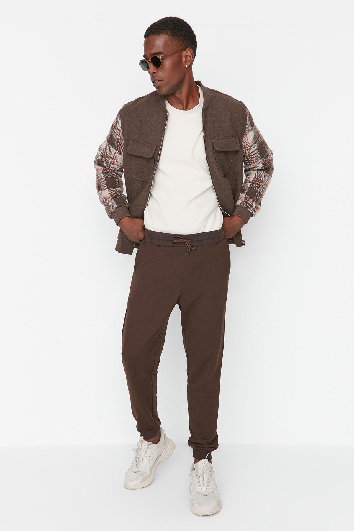 Brown Mid Waist Joggers Sweatpants, , large image number 1