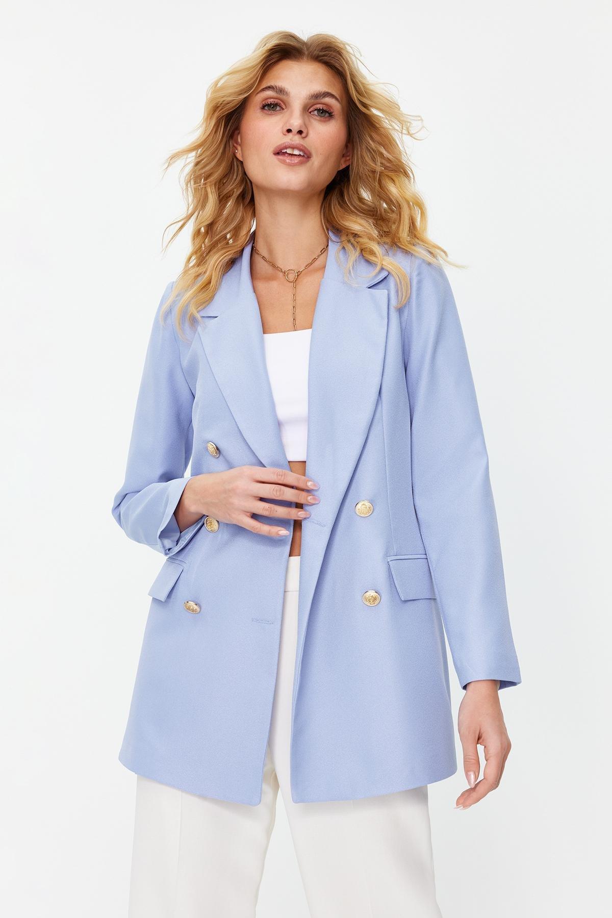 Blue Oversized Lined Double-Breasted Blazer Jacket, , large image number 1
