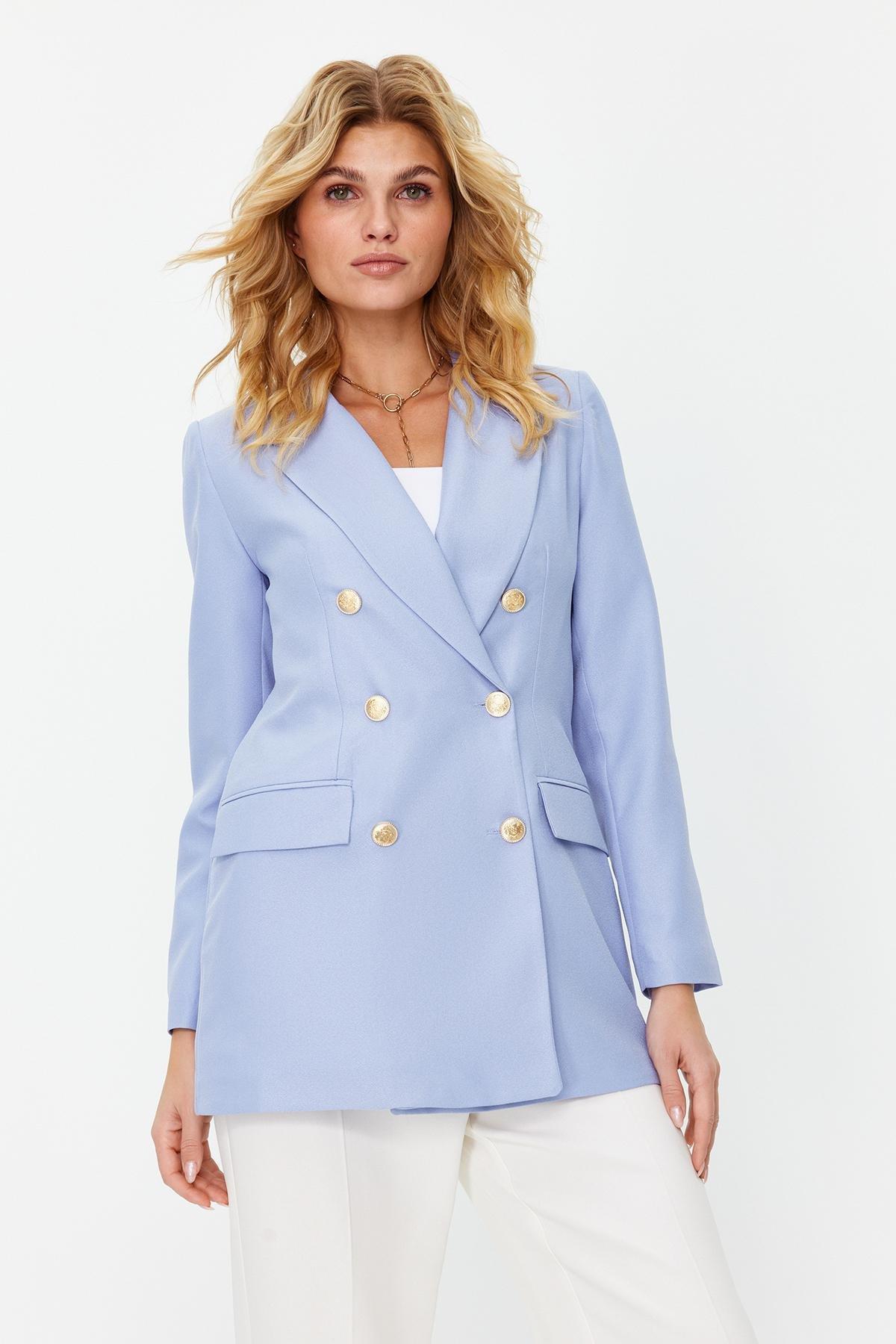 Blue Oversized Lined Double-Breasted Blazer Jacket, , large image number 2