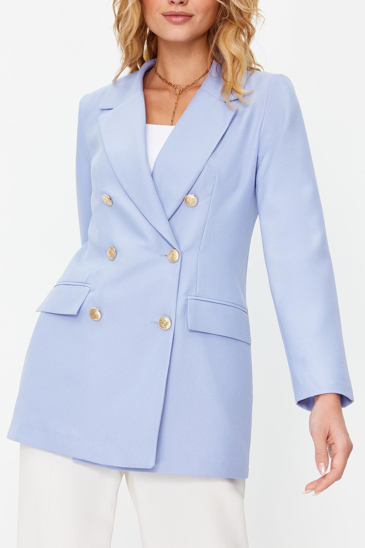 Blue Oversized Lined Double-Breasted Blazer Jacket, , large image number 3
