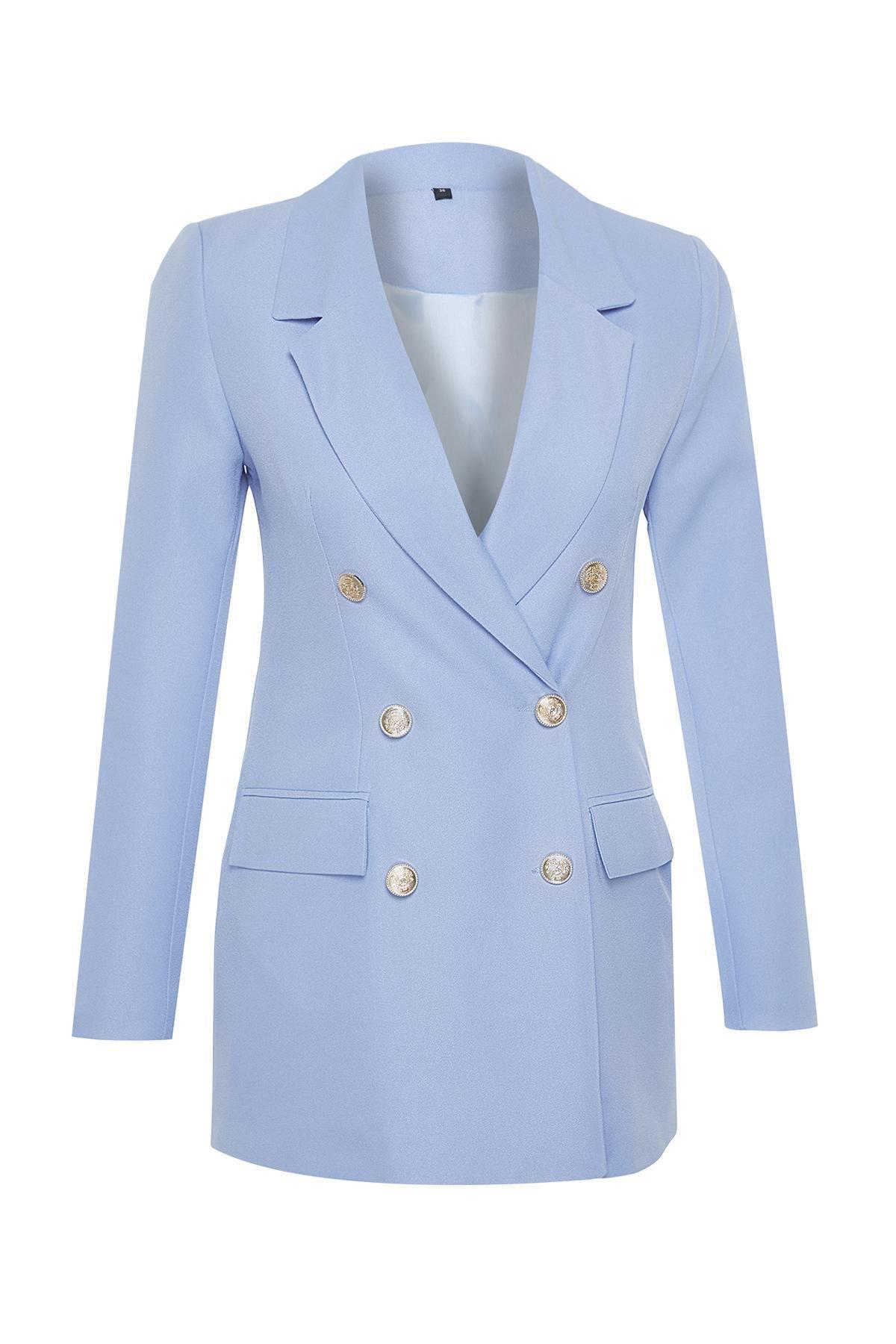 Blue Oversized Lined Double-Breasted Blazer Jacket, , large image number 5