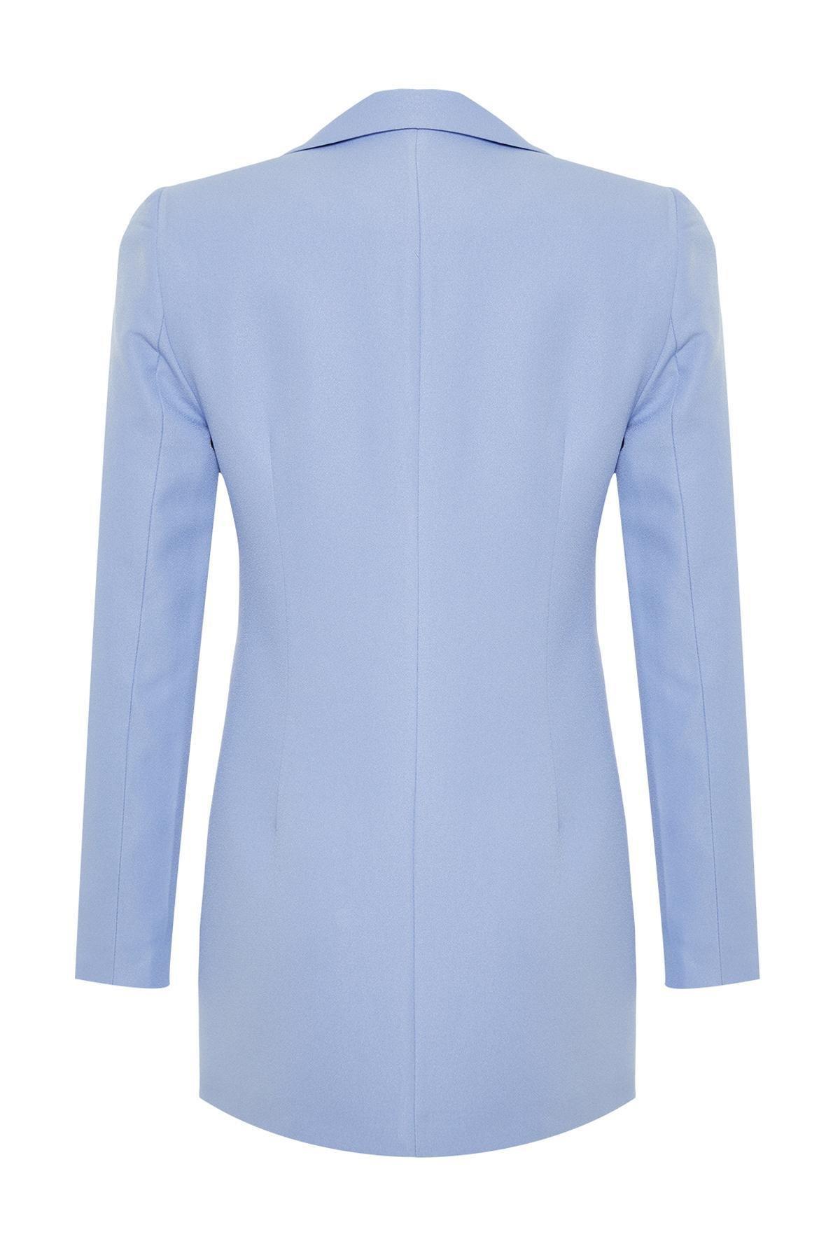 Blue Oversized Lined Double-Breasted Blazer Jacket, , large image number 6