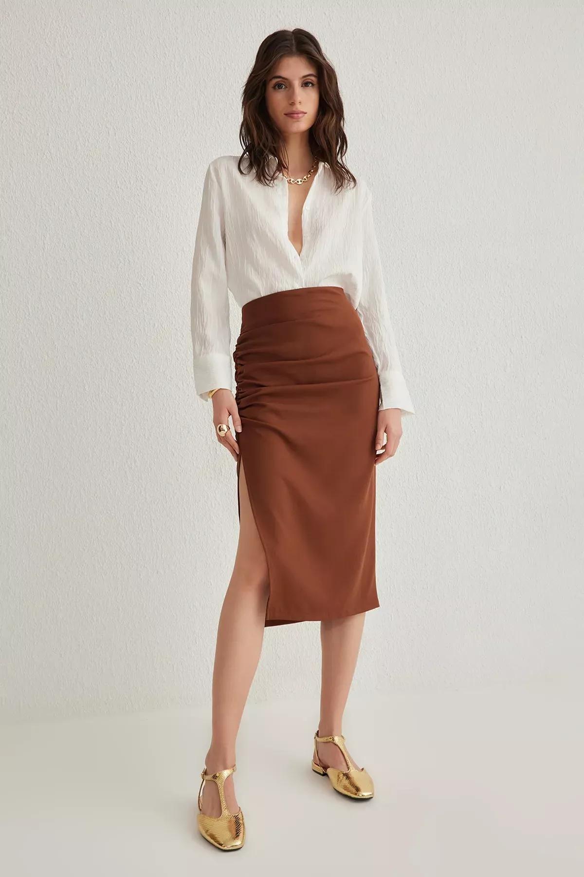 Brown Pleated Pencil Fit Midi Skirt, Dark brown, medium