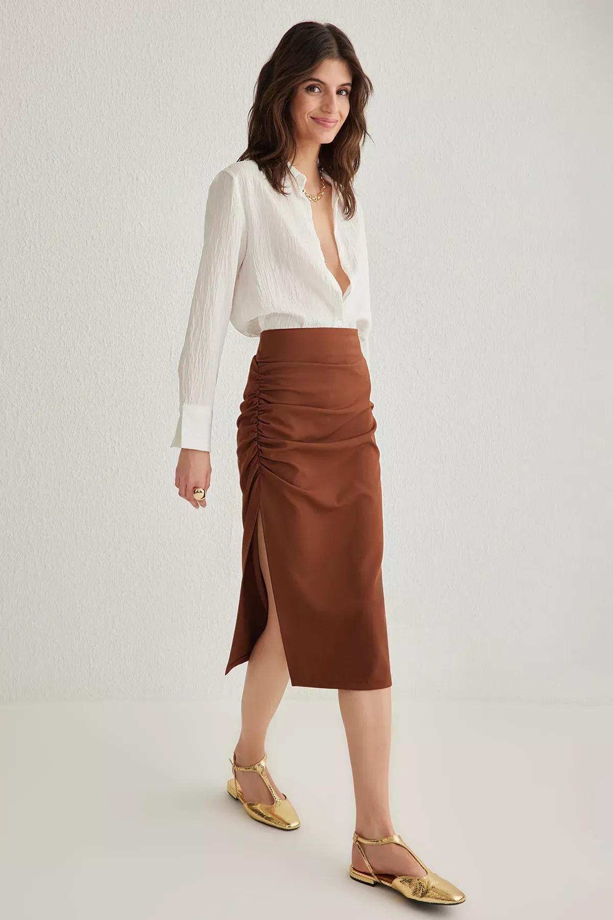 Brown Pleated Pencil Fit Midi Skirt, Dark brown, medium