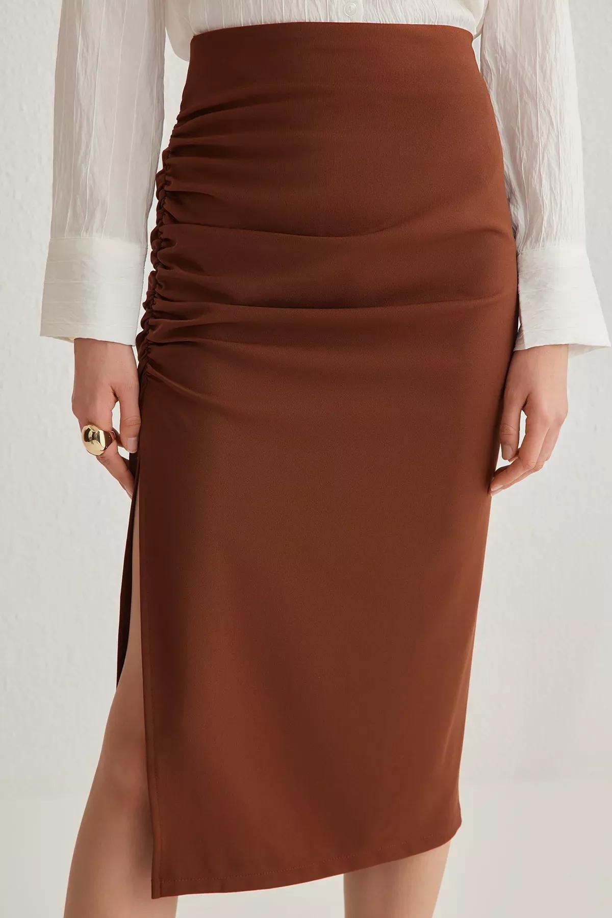 Brown Pleated Pencil Fit Midi Skirt, Dark brown, medium
