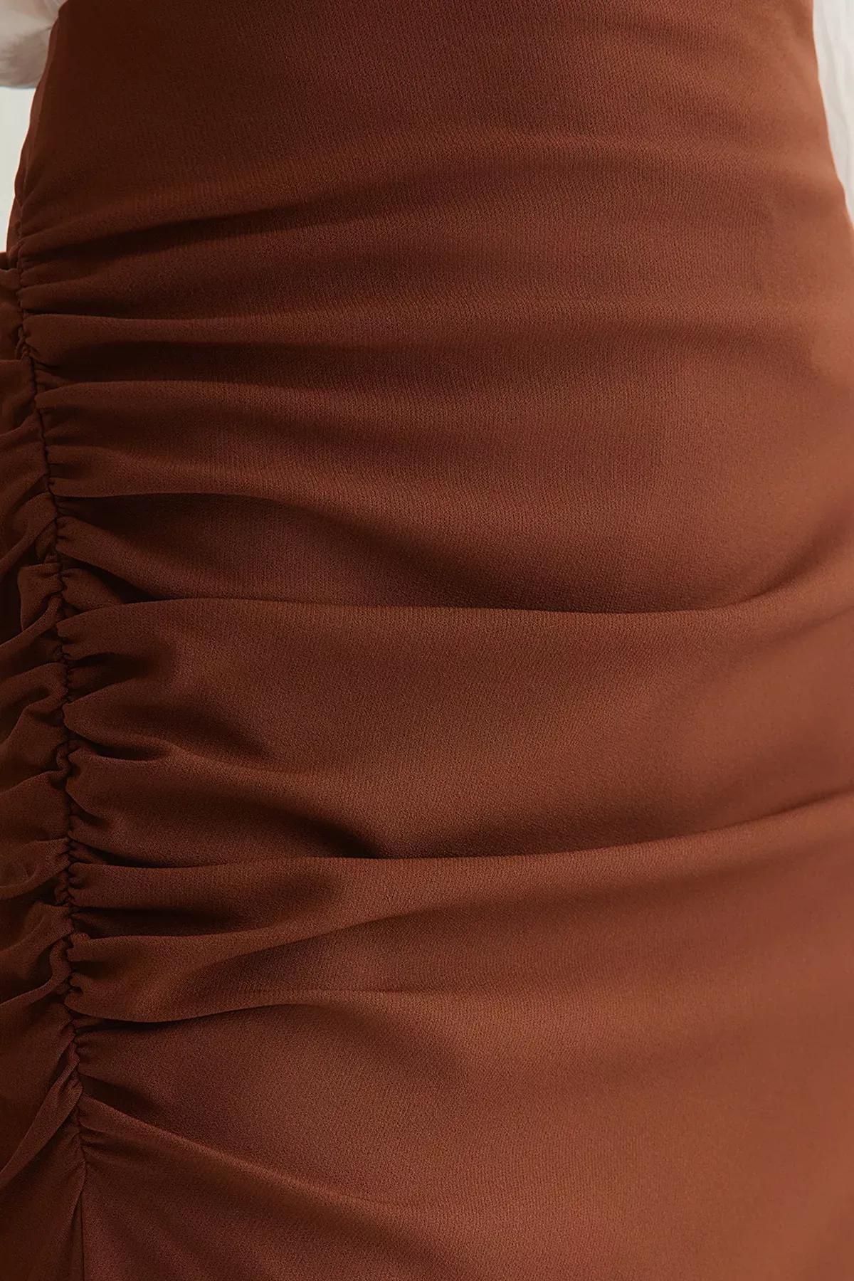 Brown Pleated Pencil Fit Midi Skirt, , large image number 3