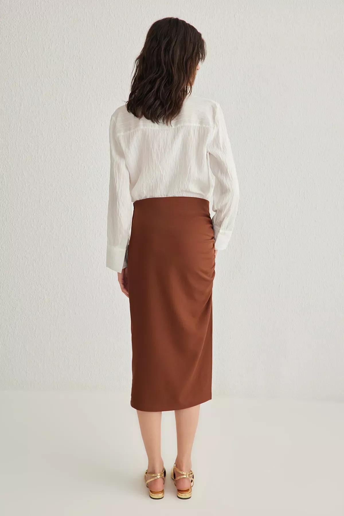 Brown Pleated Pencil Fit Midi Skirt, , large image number 4