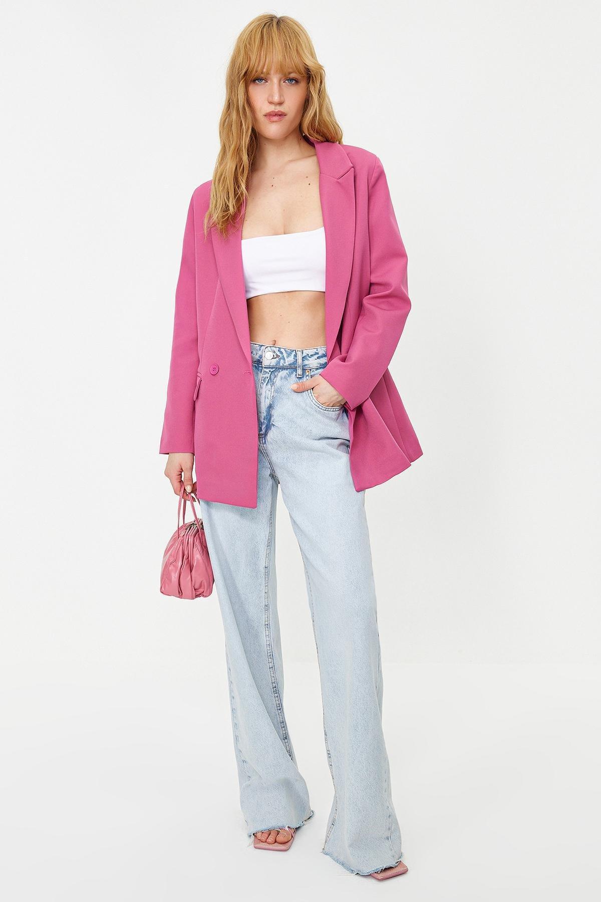 Pink Double-Breasted Closure Woven Blazer, , large image number 0