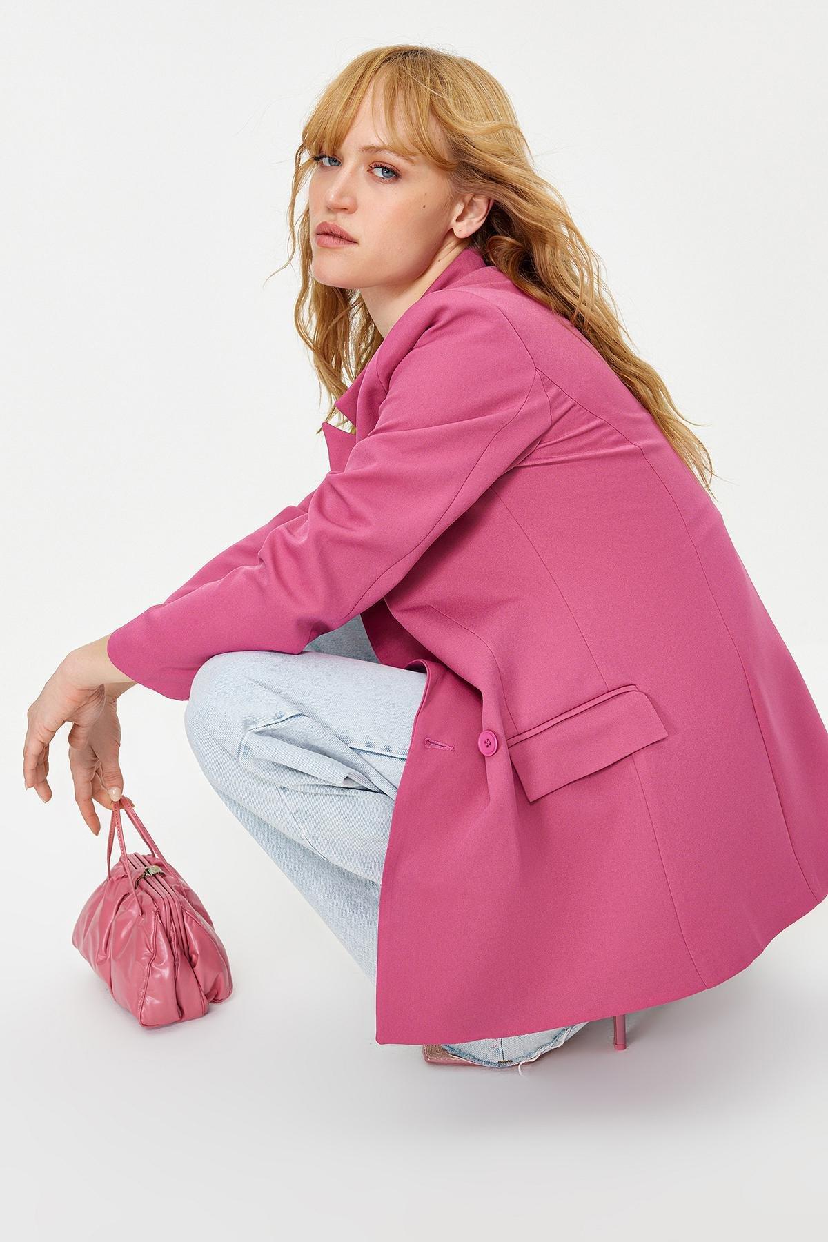 Pink Double-Breasted Closure Woven Blazer, , large image number 1