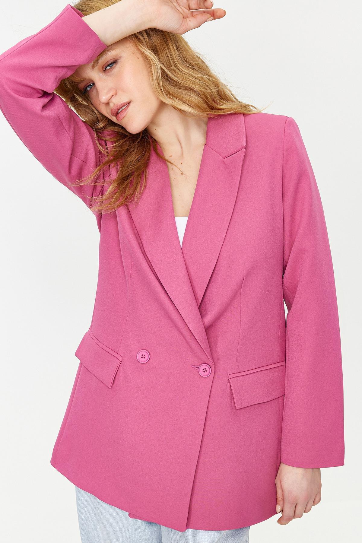 Pink Double-Breasted Closure Woven Blazer, , large image number 2