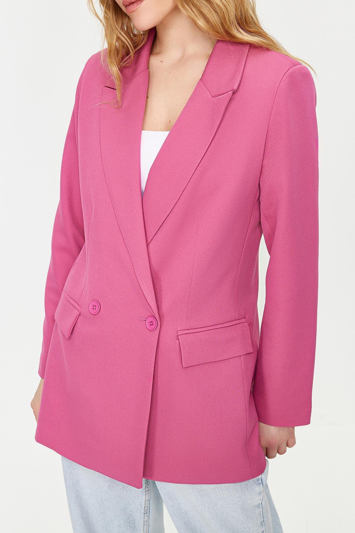 Pink Double-Breasted Closure Woven Blazer, , large image number 4