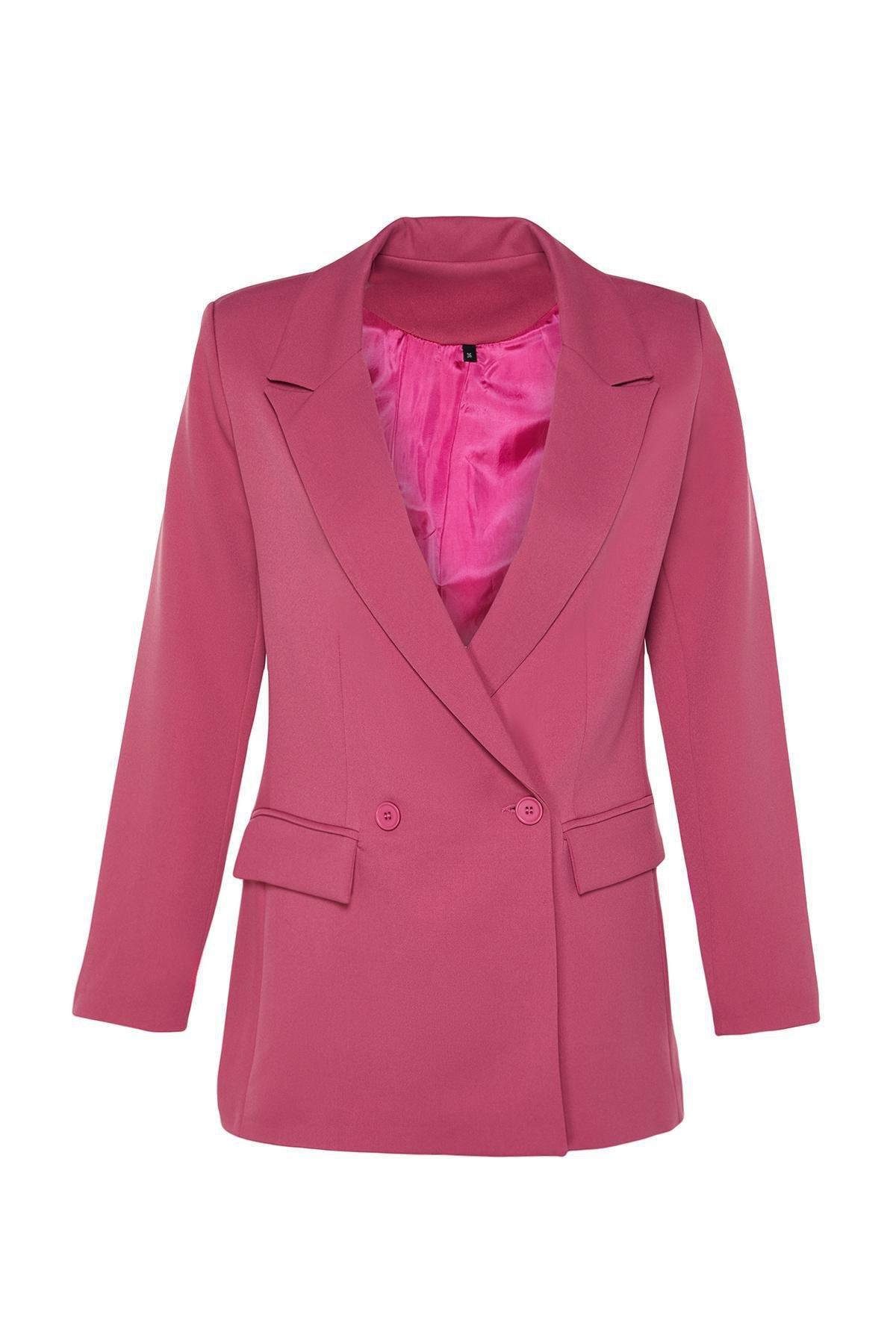 Pink Double-Breasted Closure Woven Blazer, , large image number 5