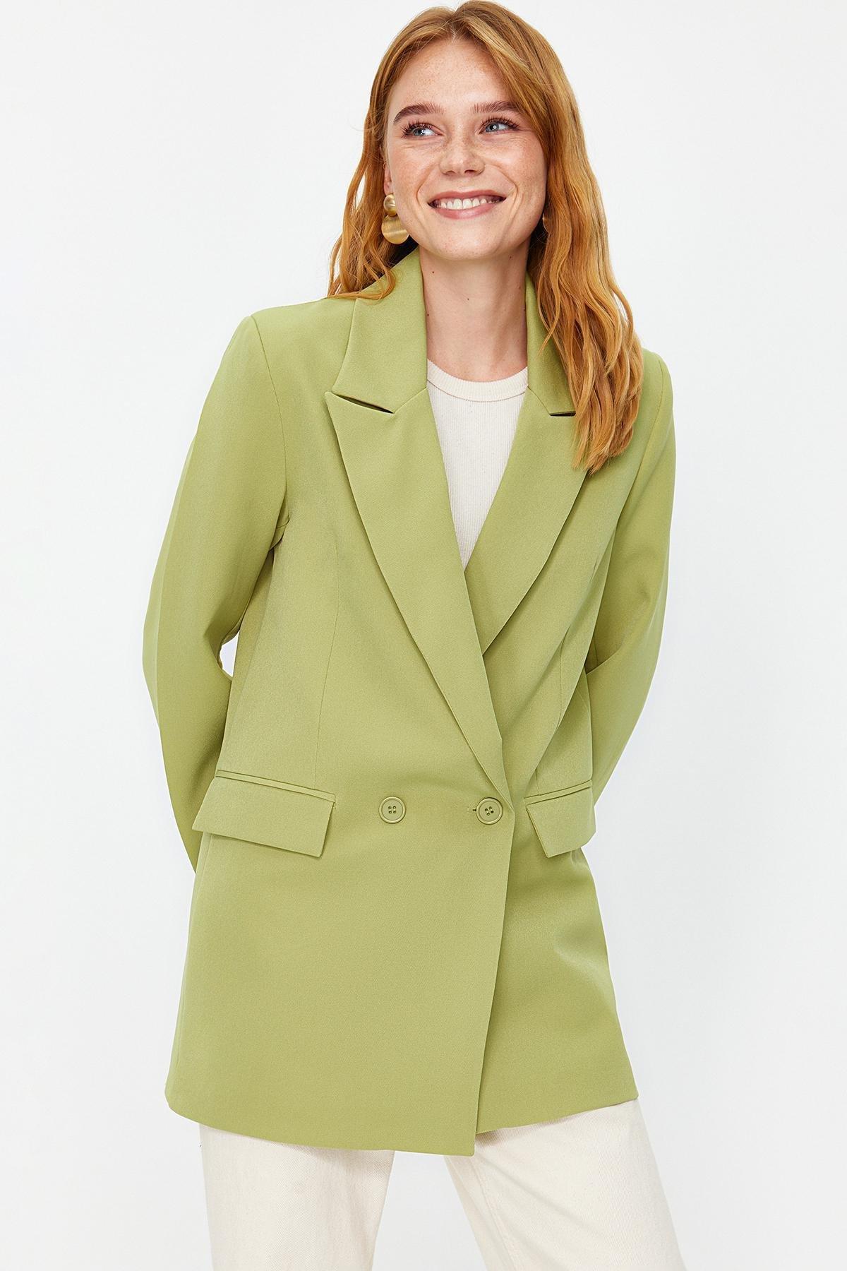Green Double-Breasted Woven Blazer, , large image number 0