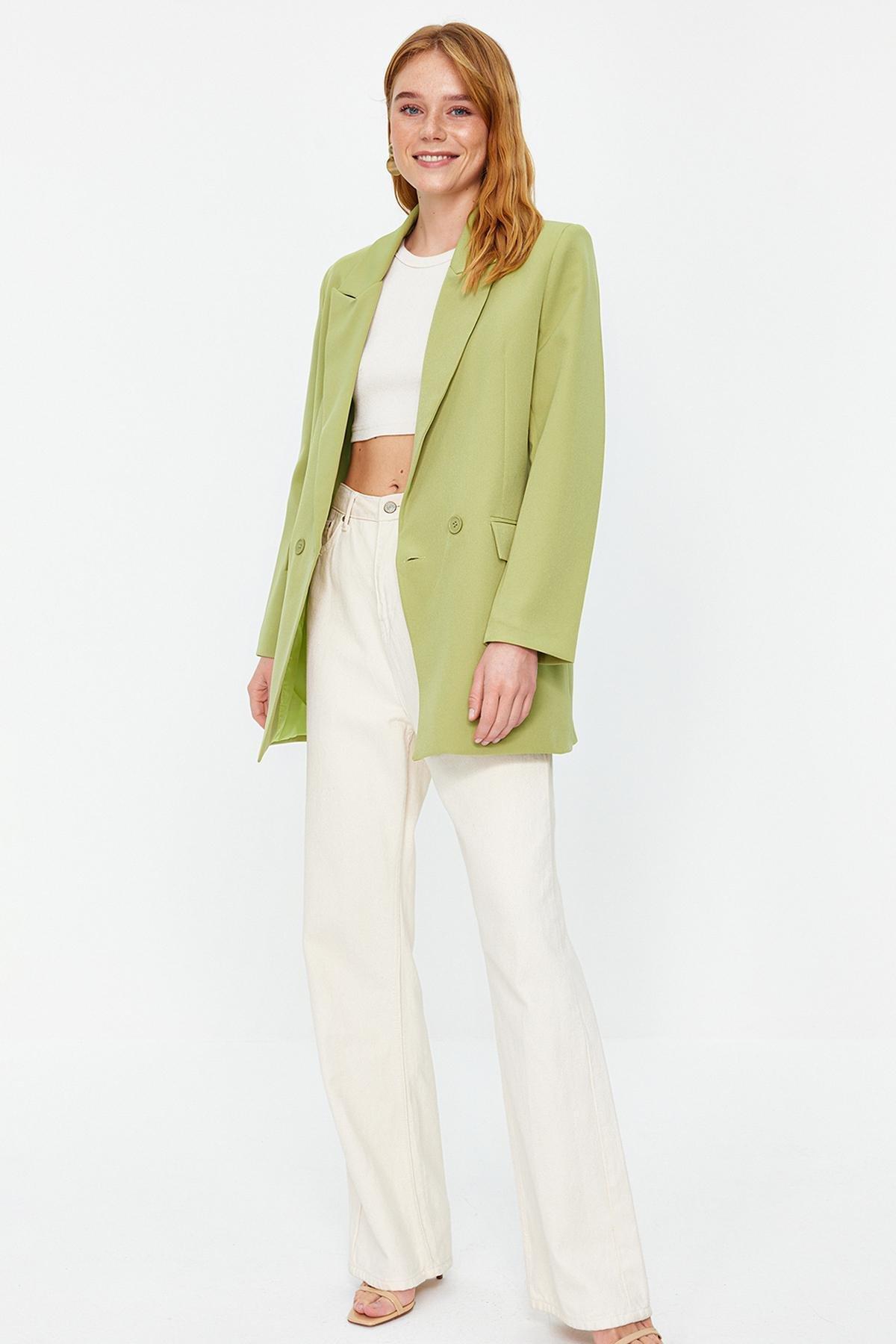 Green Double-Breasted Woven Blazer, , large image number 1