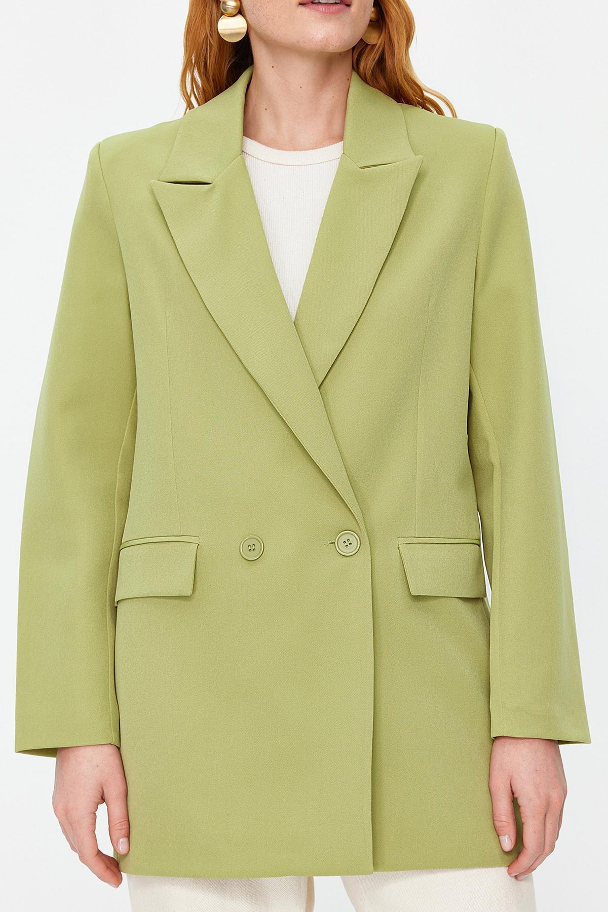 Green Double-Breasted Woven Blazer, , large image number 3