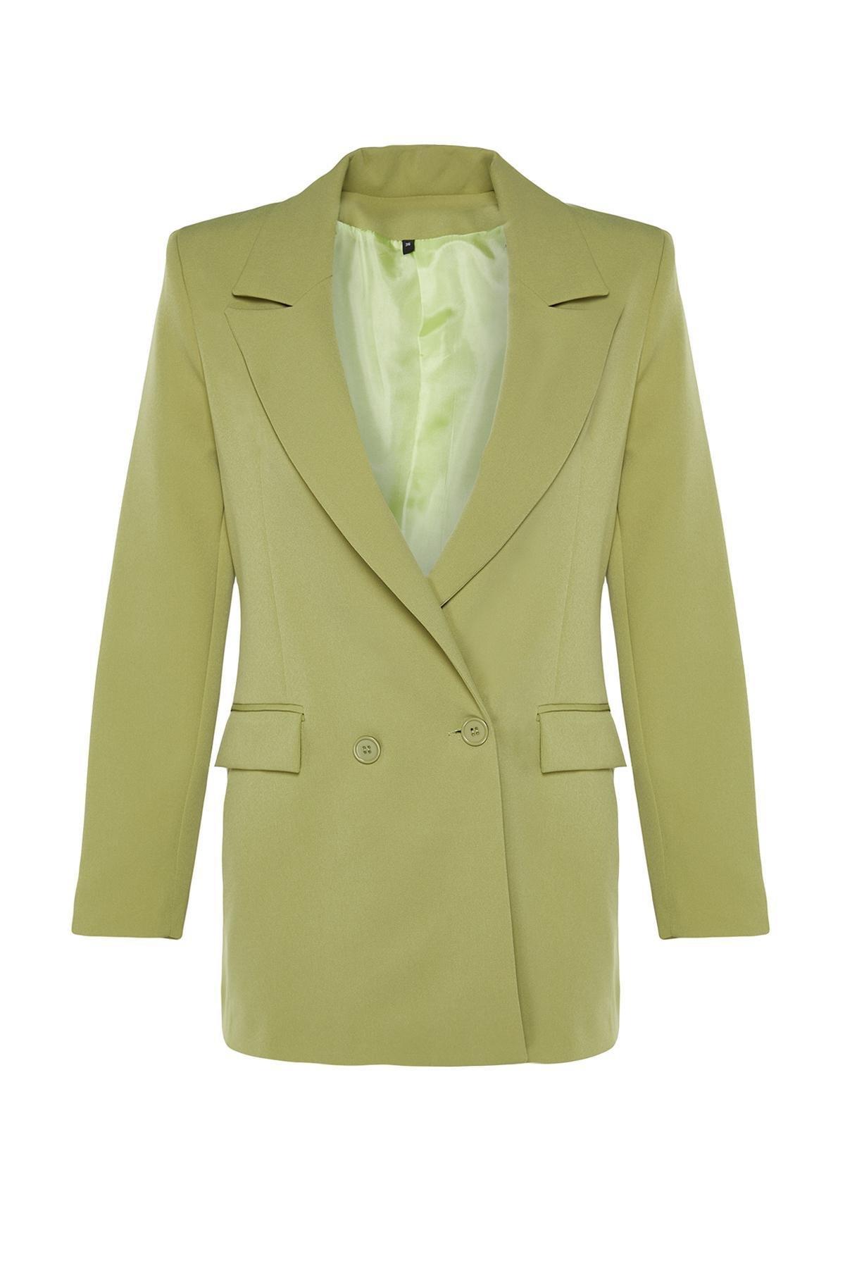 Green Double-Breasted Woven Blazer, , large image number 5