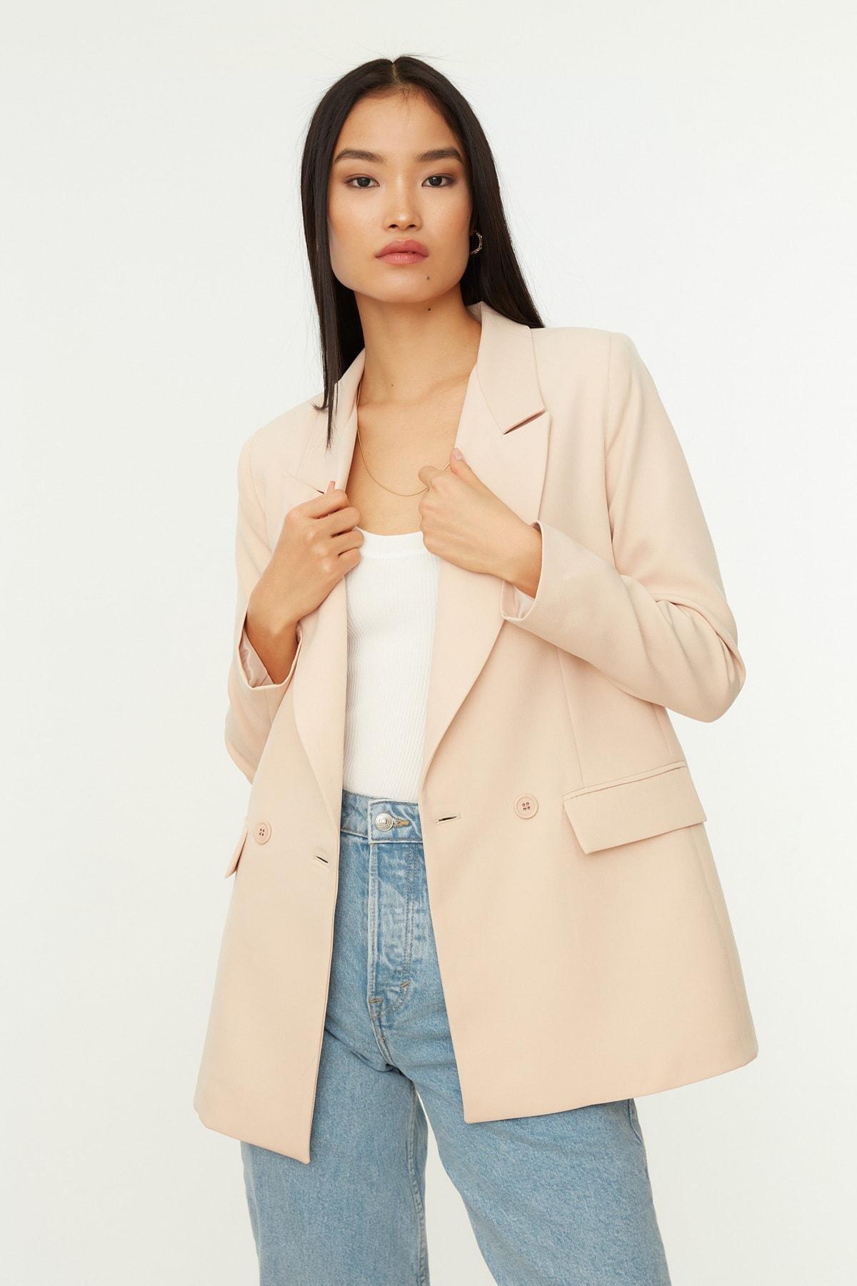 Beige Lapel Collar Blazer, , large image number 1