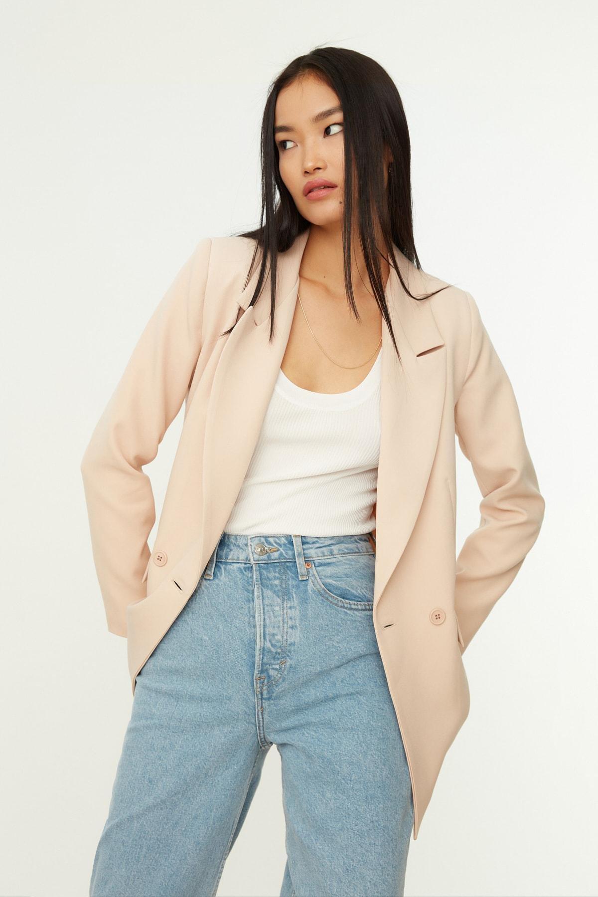 Beige Lapel Collar Blazer, , large image number 2