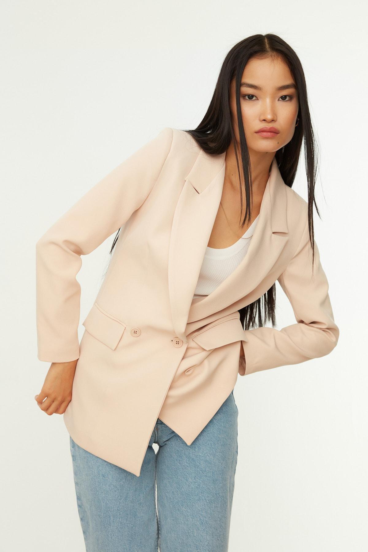 Beige Lapel Collar Blazer, , large image number 3