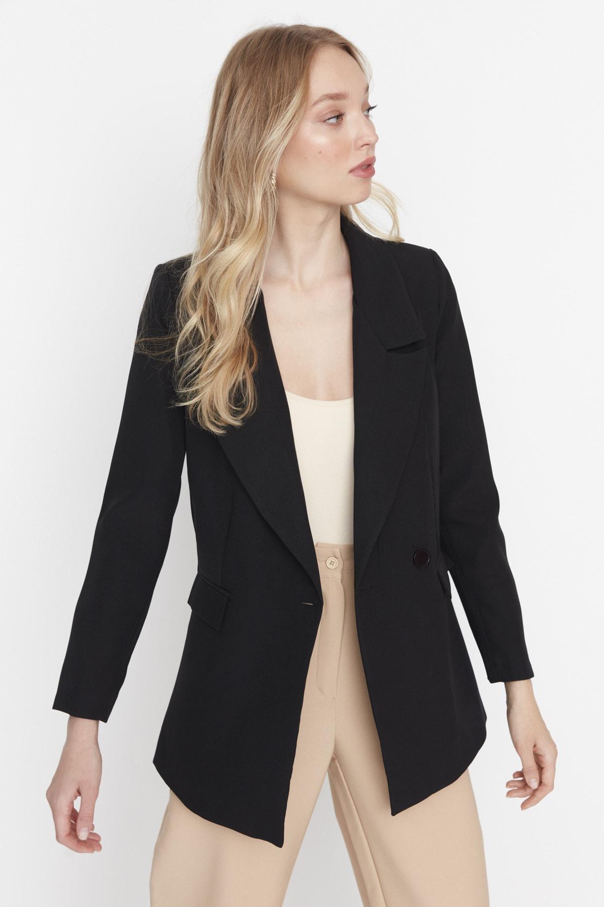 Black Lapel Collar Blazer, Black, medium