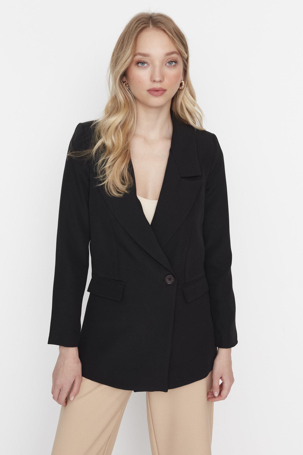 Black Lapel Collar Blazer, Black, medium