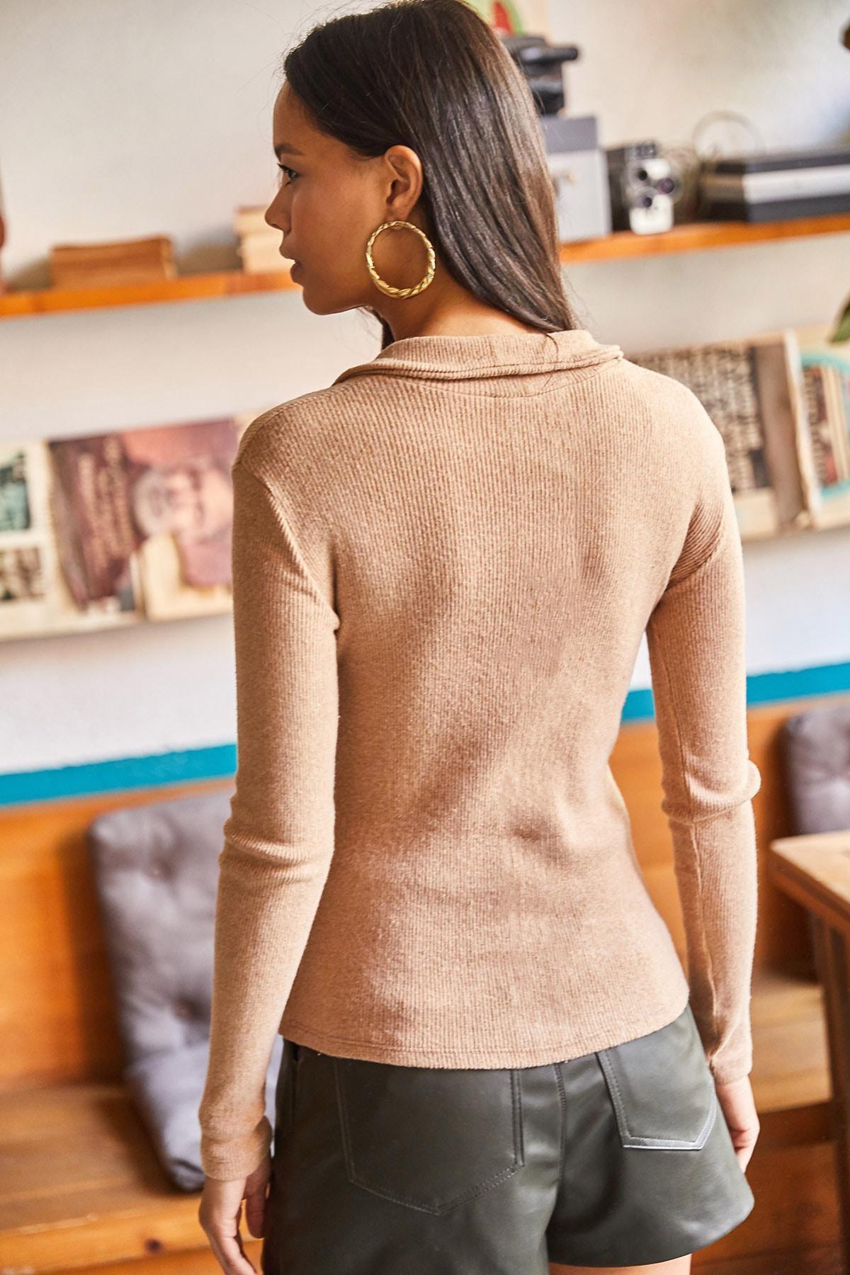 Brown Polo Neck Shark Blouse, CAMEL, large image number 2