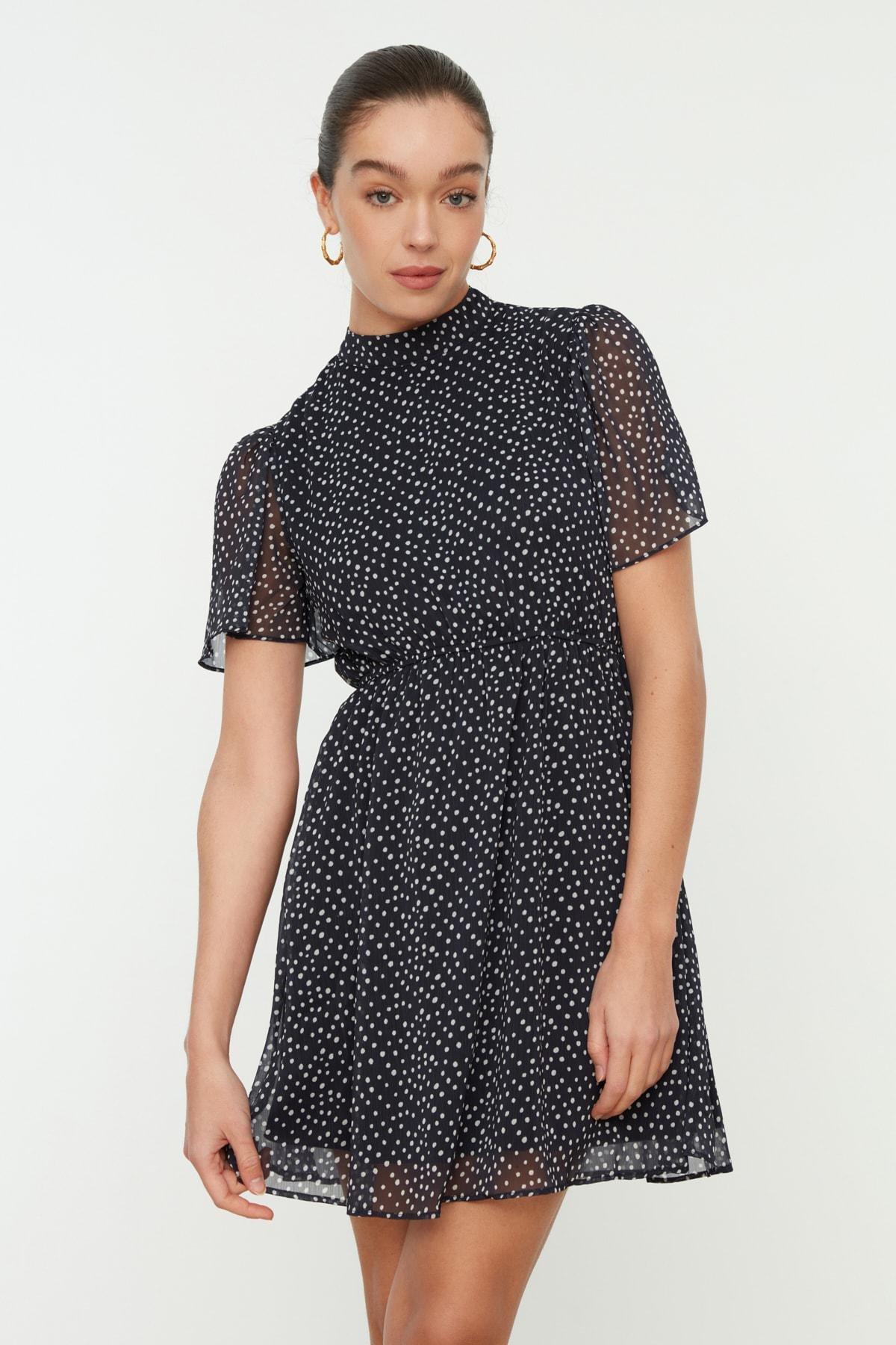 Navy Polka Dot Skater Dress, Dark blue, large image number 1