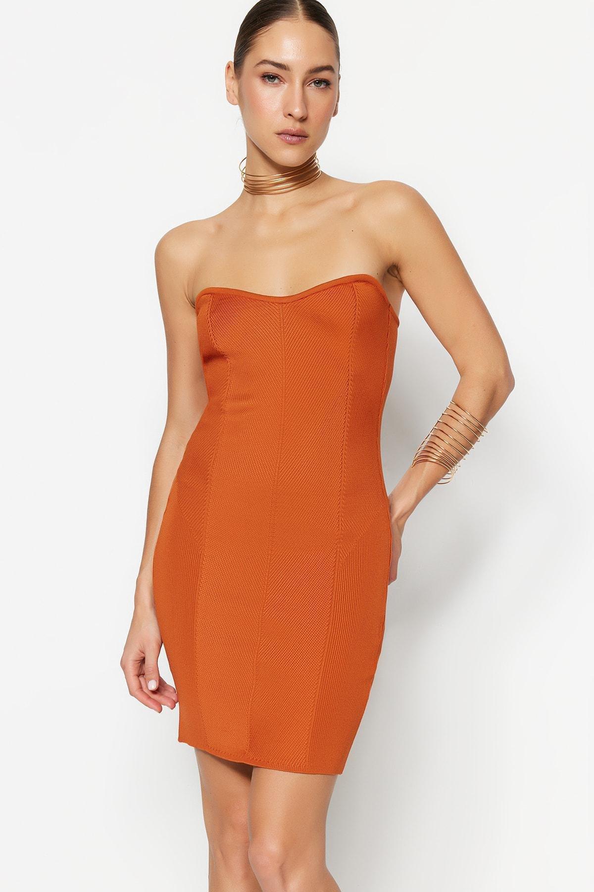Orange Strapless Knitwear Dress, Orange, large image number 1
