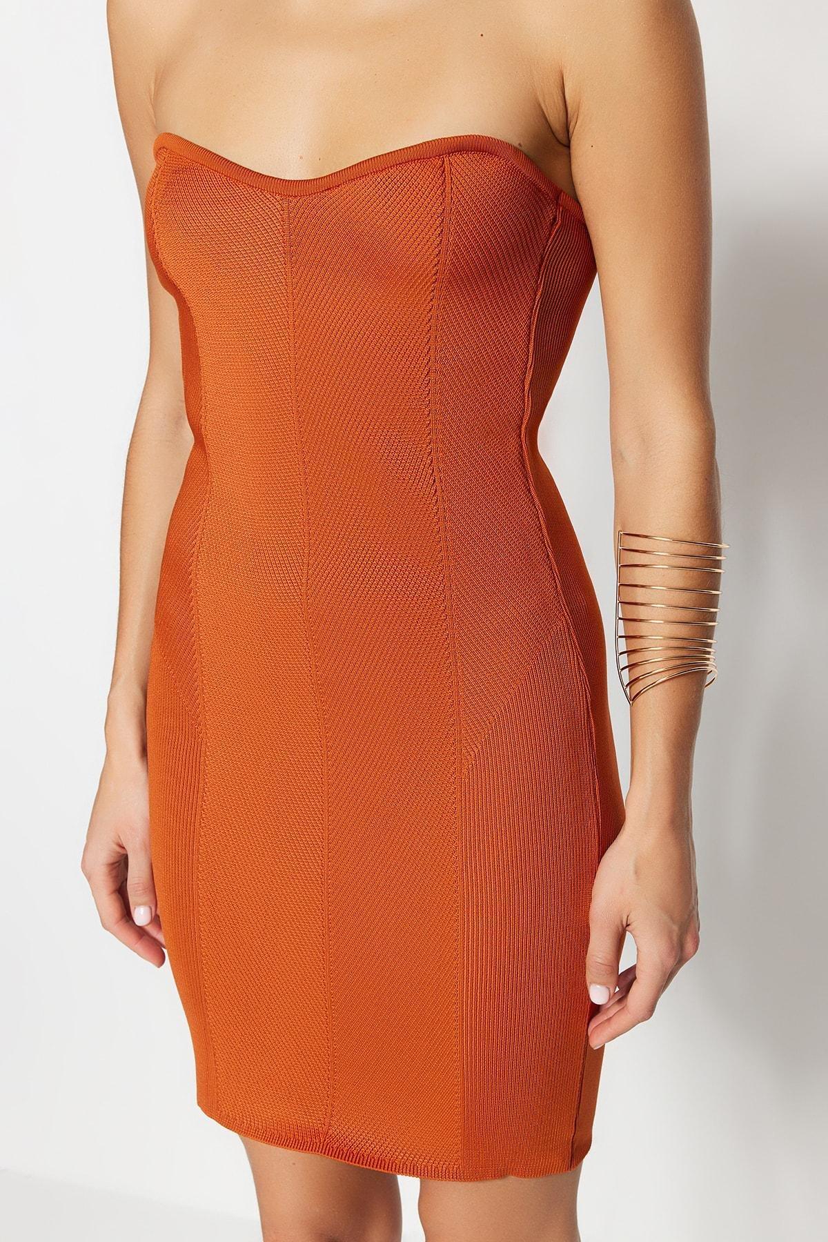 Orange Strapless Knitwear Dress, Orange, large image number 3