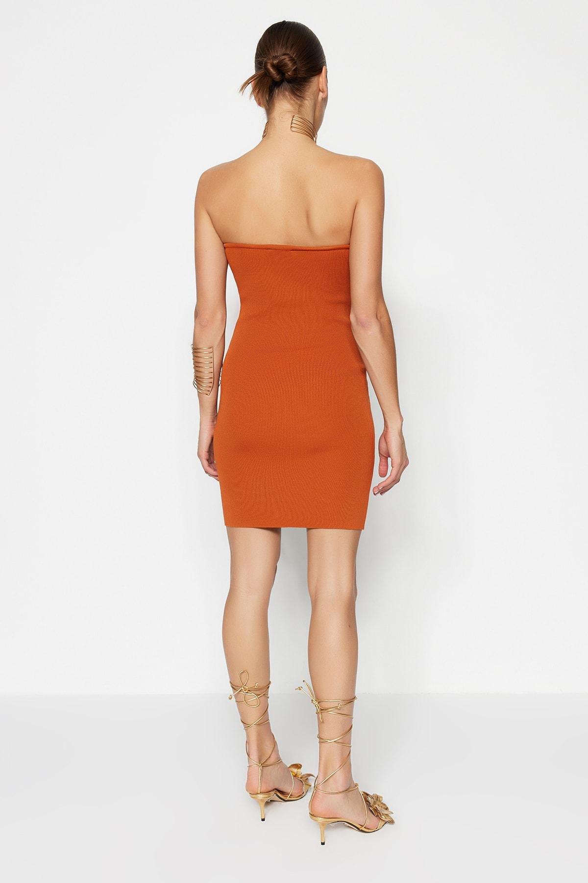 Orange Strapless Knitwear Dress, Orange, large image number 5