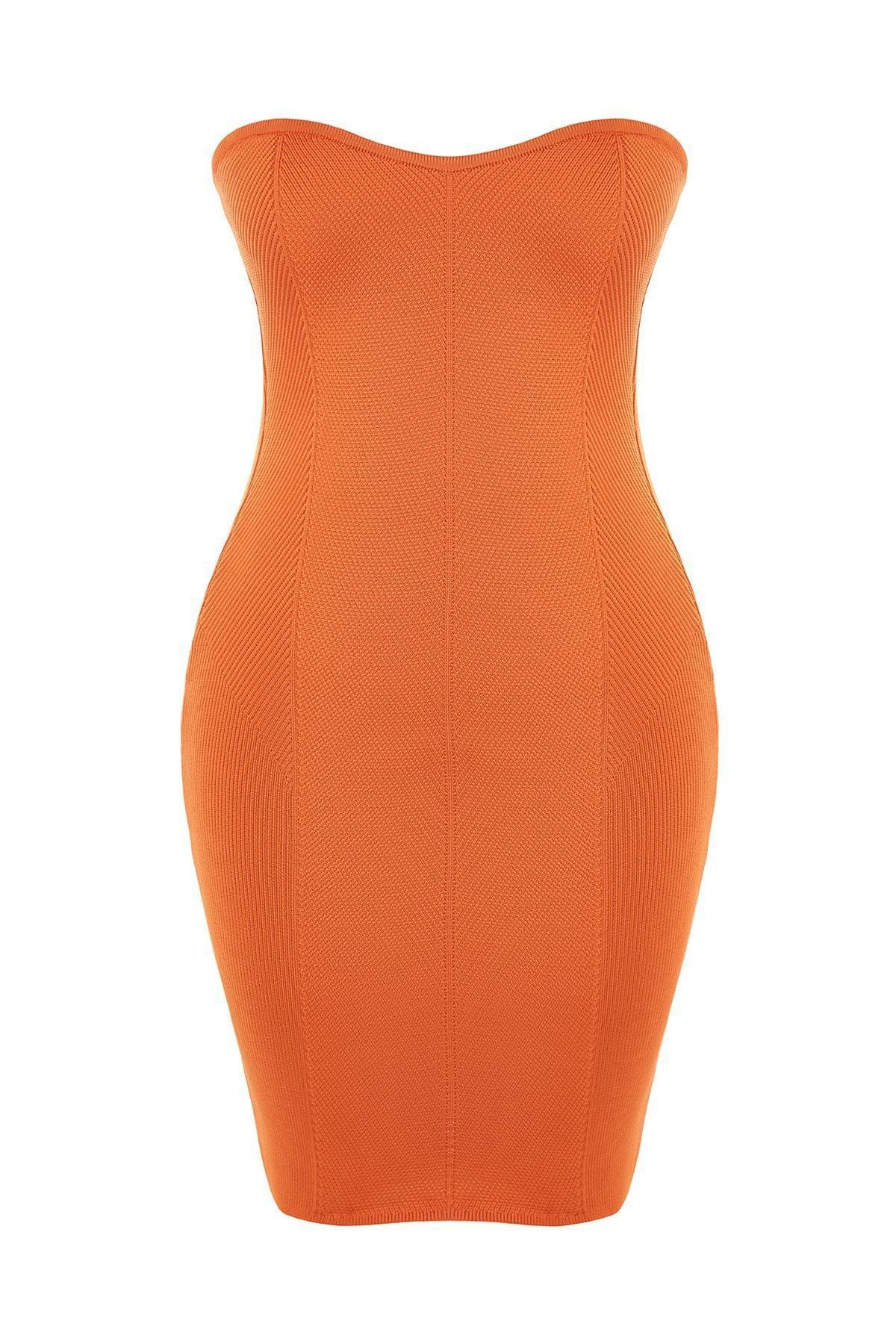 Orange Strapless Knitwear Dress, Orange, large image number 6
