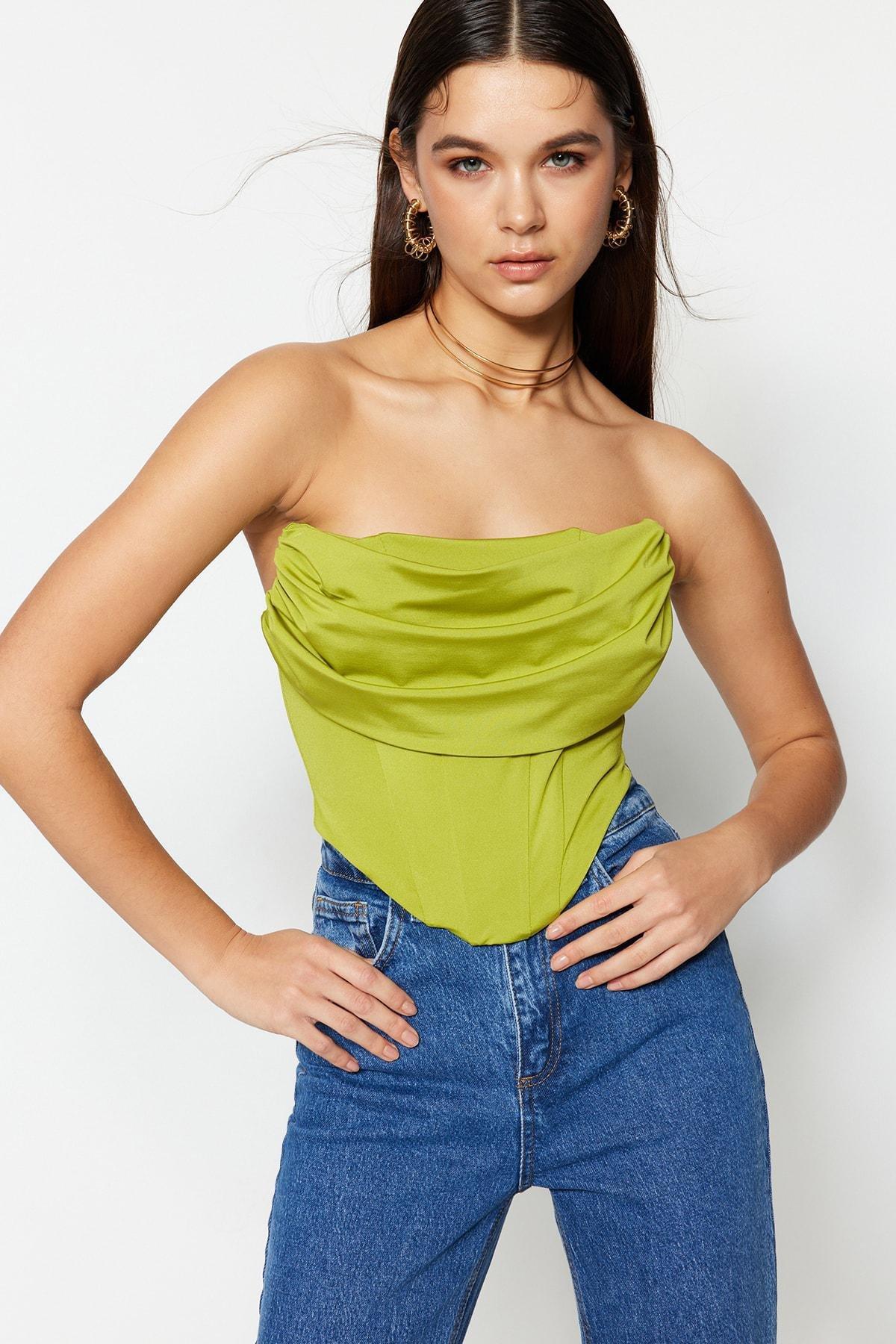 Green Fitted Strapless Crop Top, , large image number 1