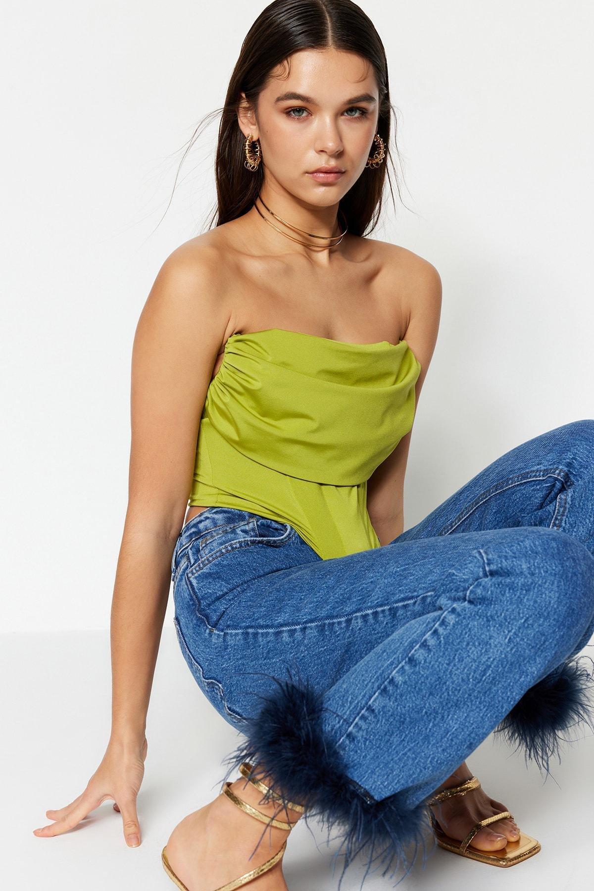 Green Fitted Strapless Crop Top, , large image number 2