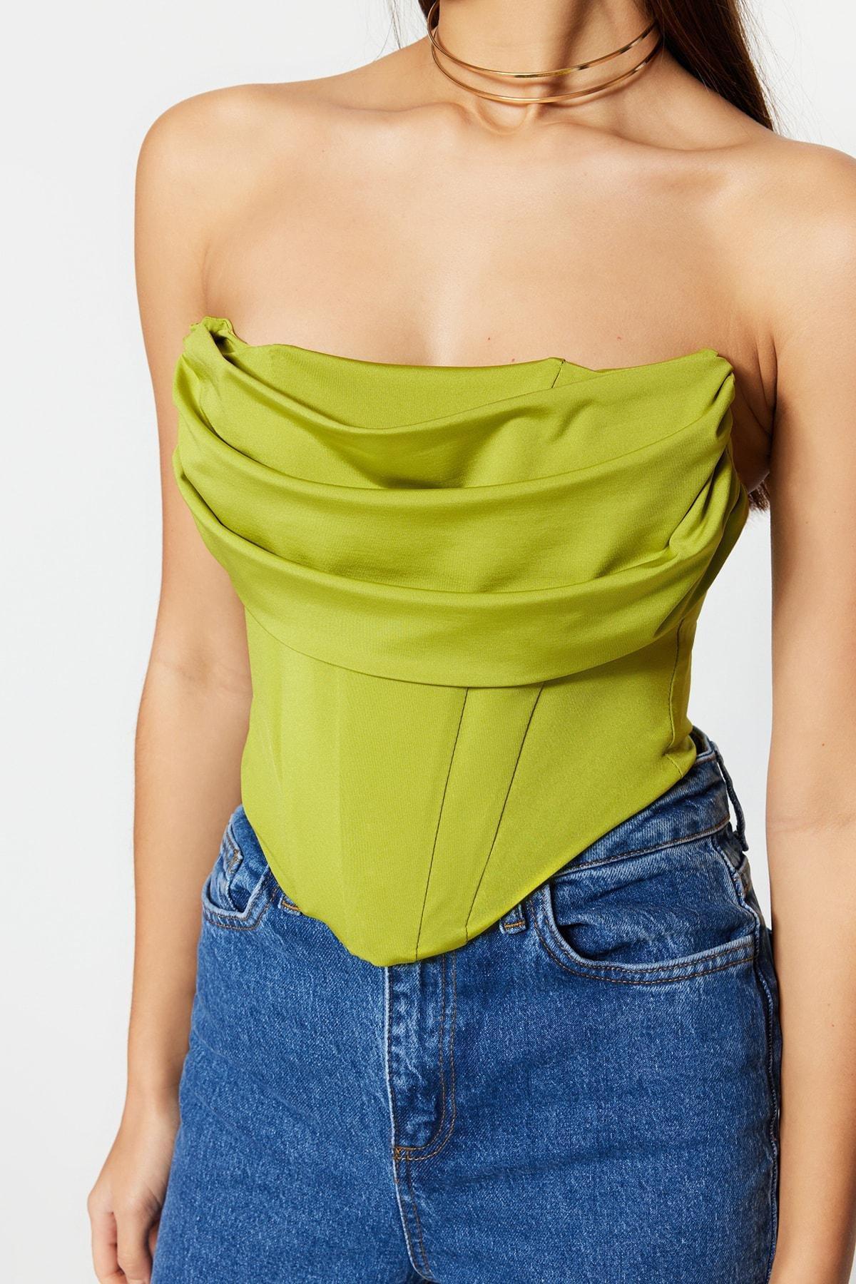 Green Fitted Strapless Crop Top, , large image number 3