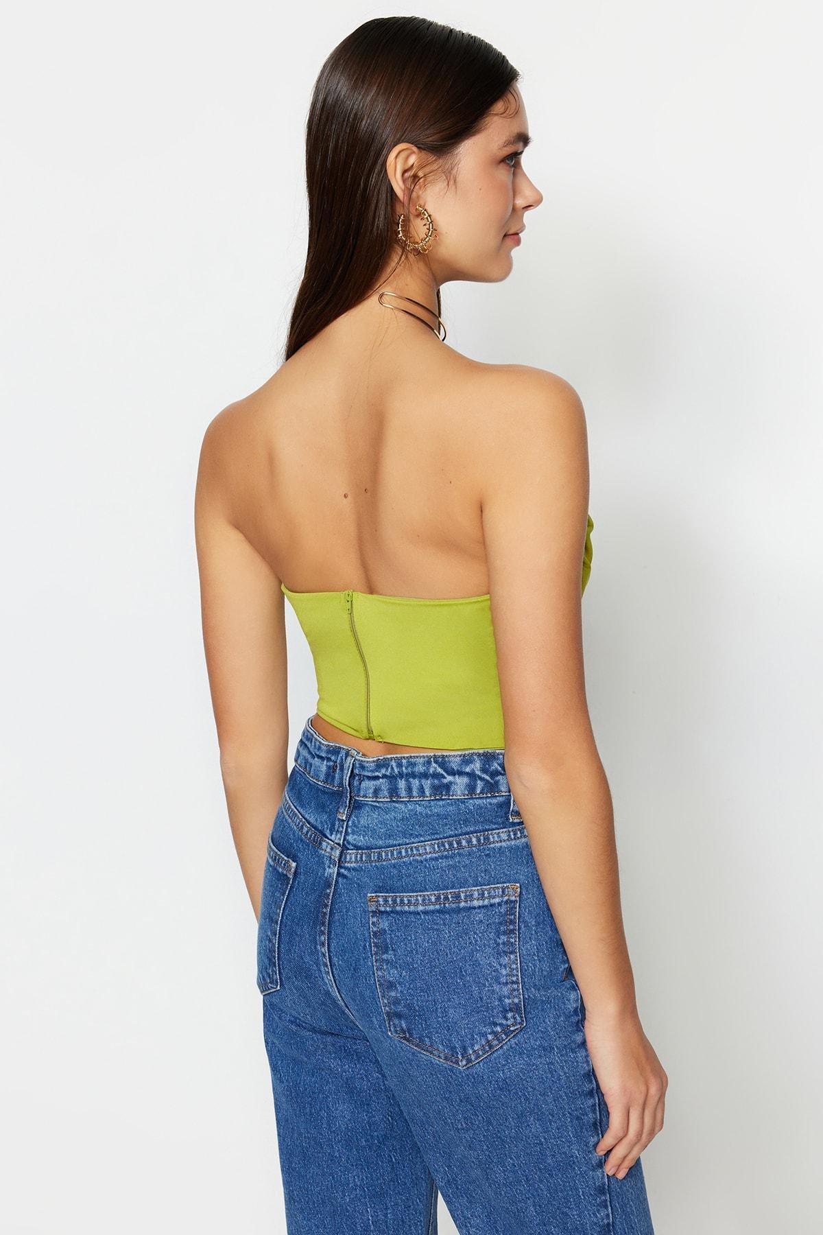 Green Fitted Strapless Crop Top, , large image number 4