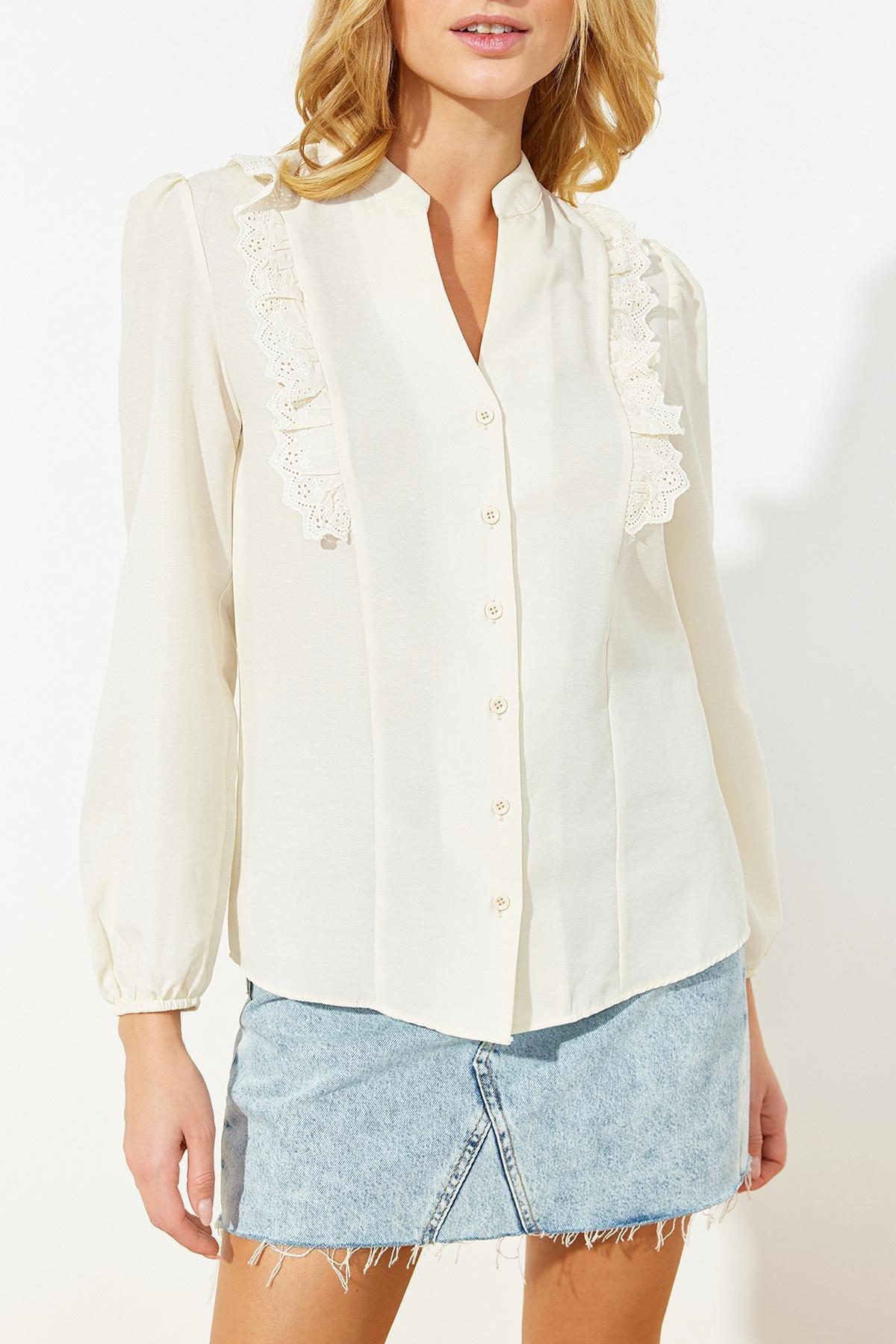 Cream Embroidered Detailed Woven Shirt, , large image number 3