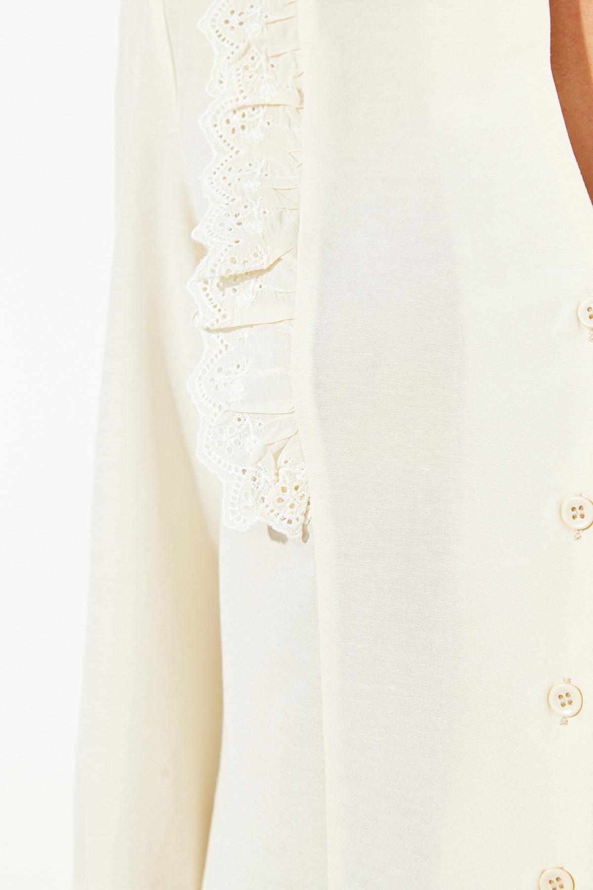 Cream Embroidered Detailed Woven Shirt, , large image number 4
