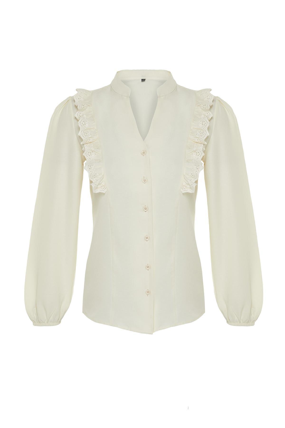 Cream Embroidered Detailed Woven Shirt, , large image number 5