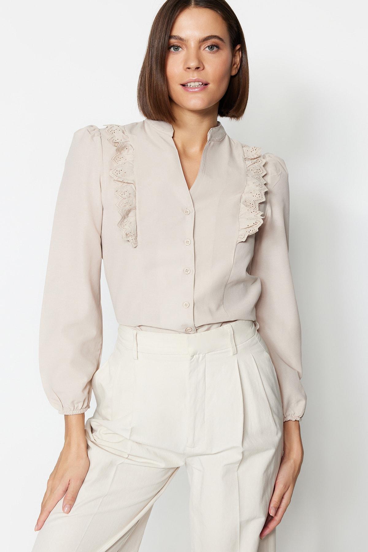 Beige Mandarin Collar Shirt, , large image number 0