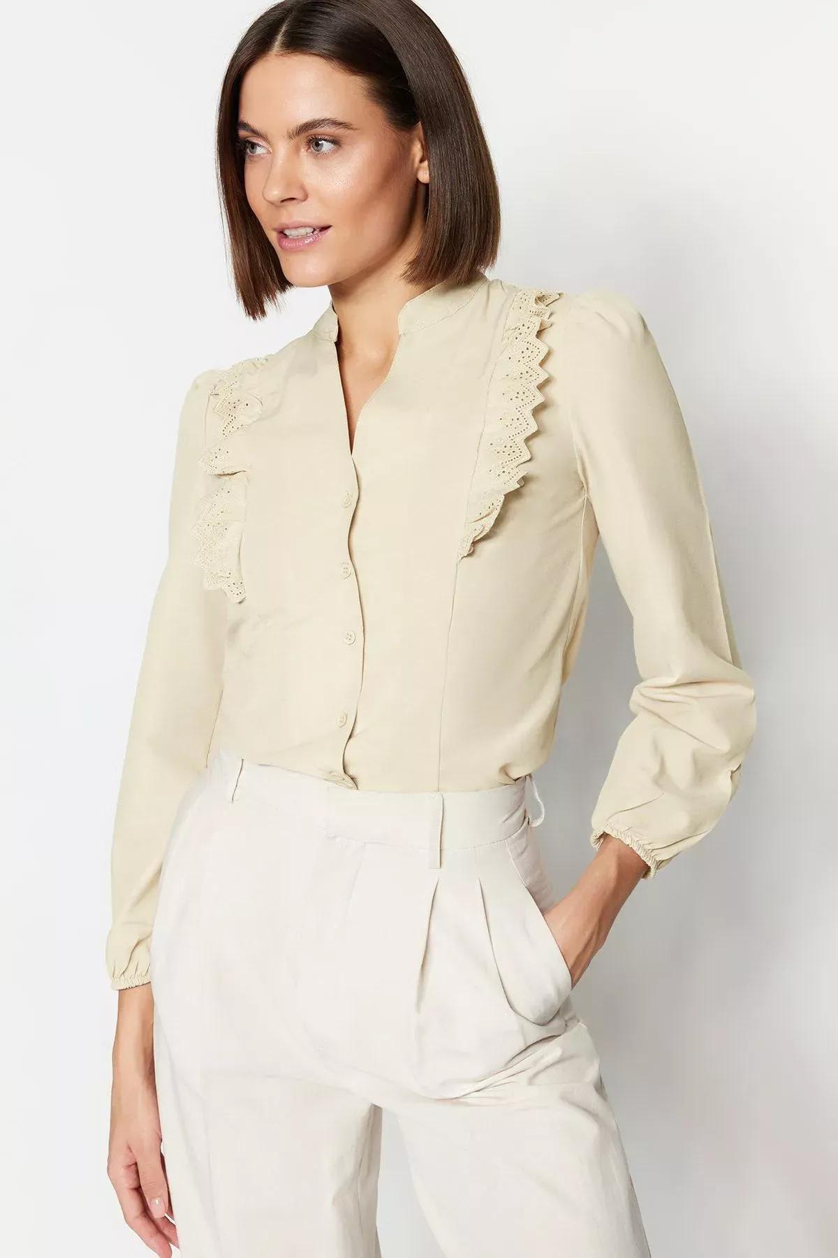 Beige Mandarin Collar Shirt, , large image number 0