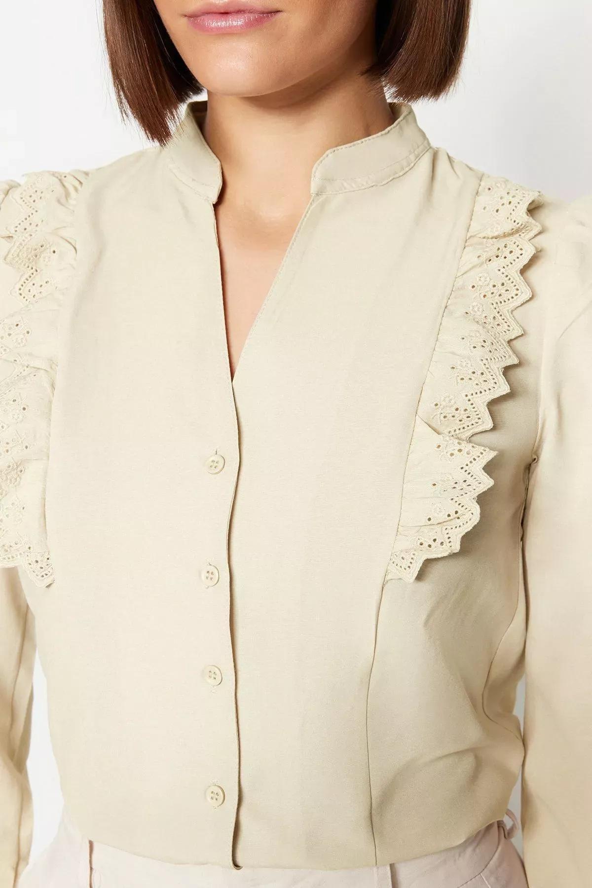 Beige Mandarin Collar Shirt, , large image number 2