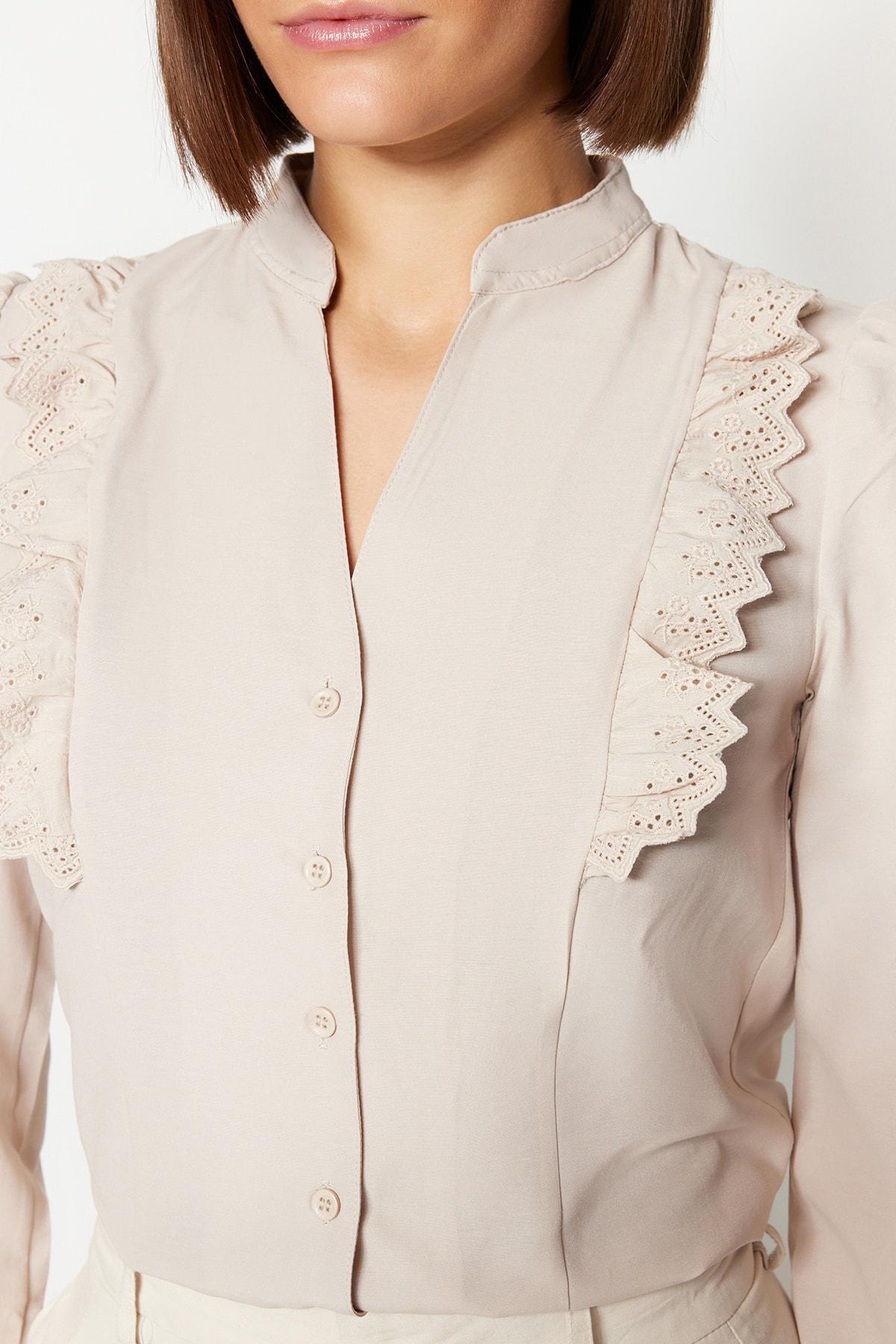 Beige Mandarin Collar Shirt, , large image number 3