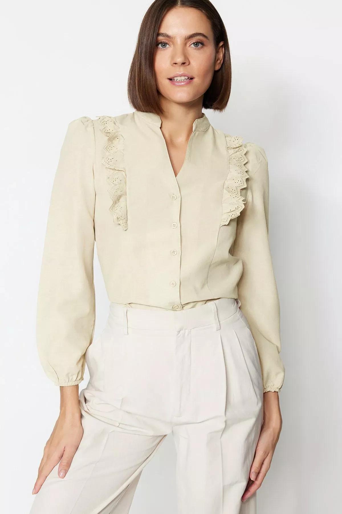 Beige Mandarin Collar Shirt, , large image number 3