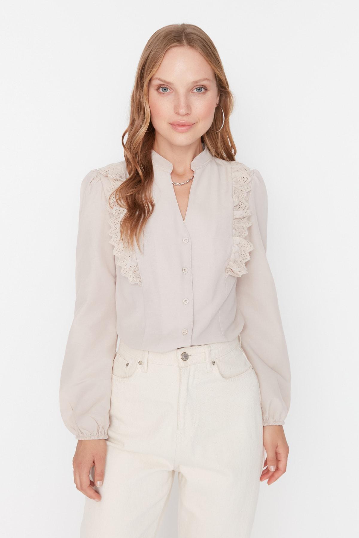 Beige Mandarin Collar Shirt, , large image number 6
