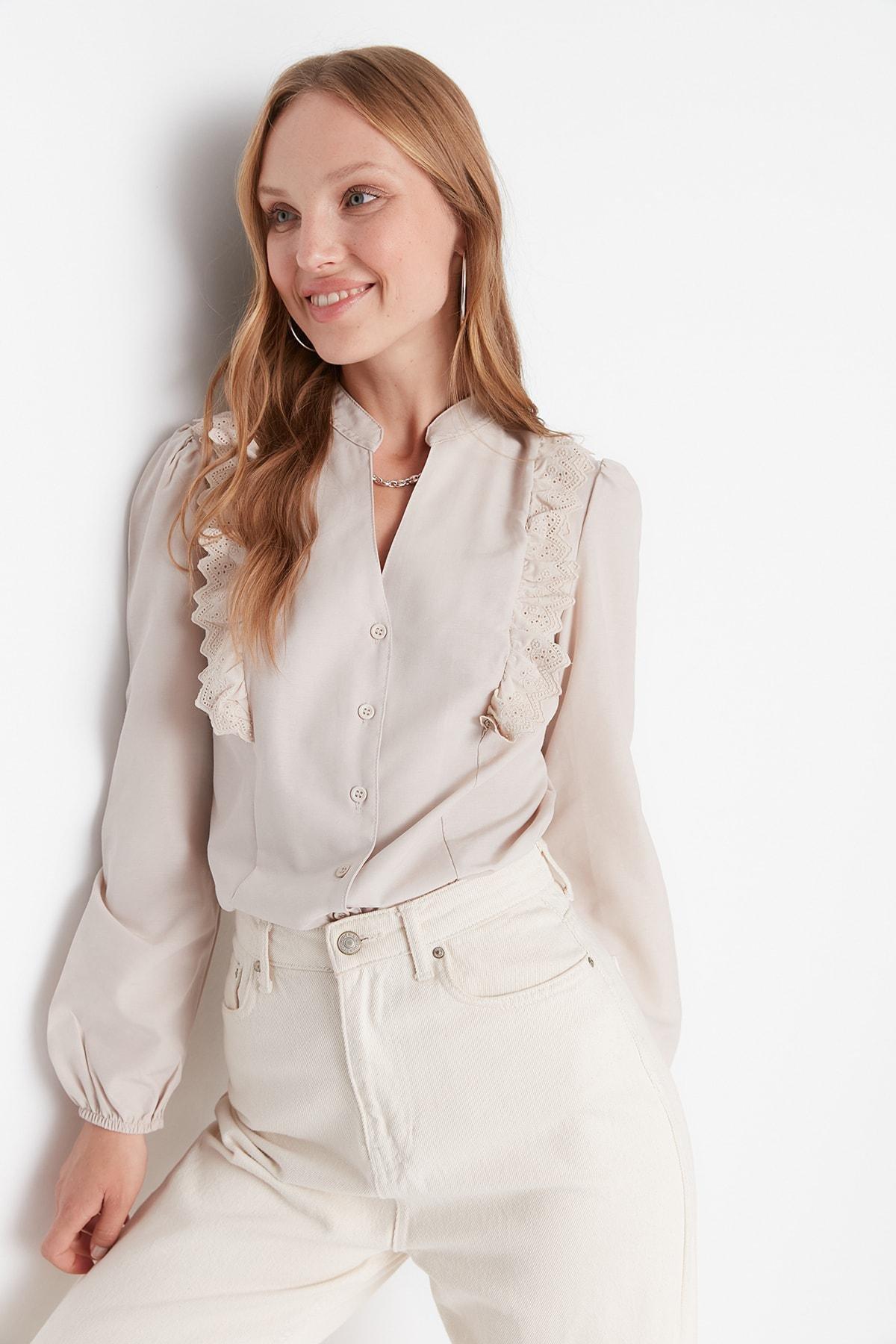Beige Mandarin Collar Shirt, , large image number 7