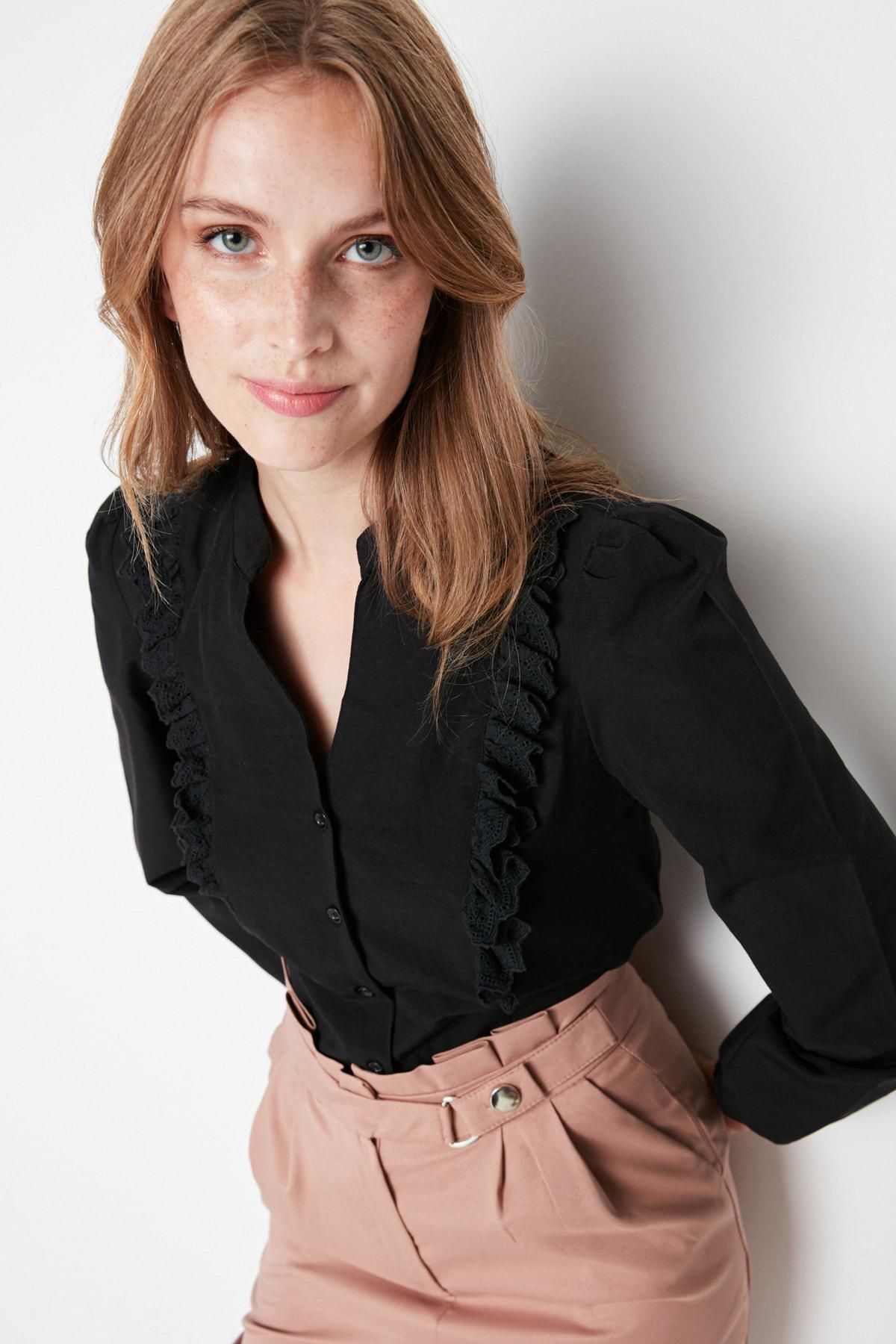 قميص بقصة عادية وياقة ماندرين، أسود, Black, large image number 1