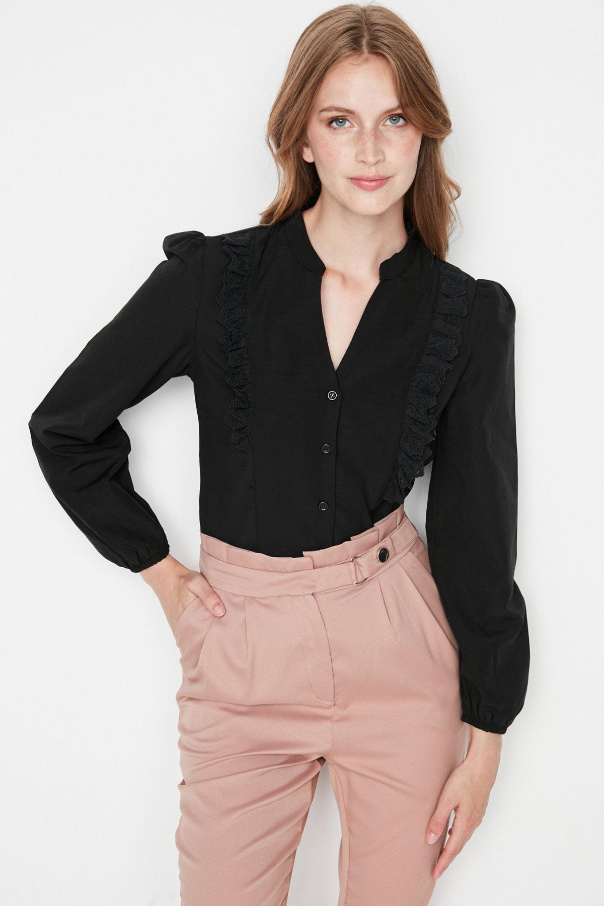 قميص بقصة عادية وياقة ماندرين، أسود, Black, large image number 2