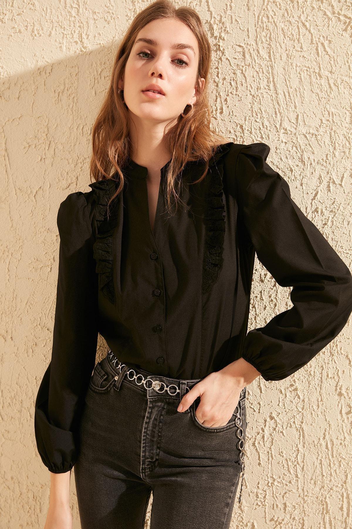 Black Regular Mandarin Collar Shirt, , large image number 5
