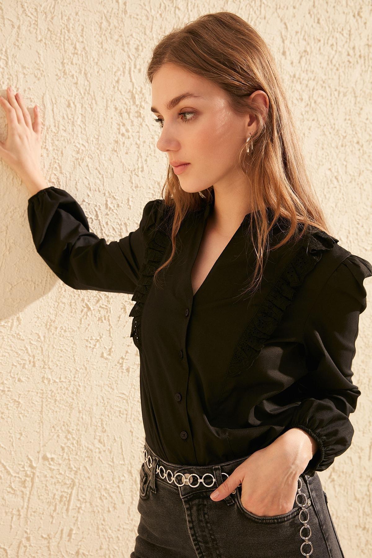 قميص بقصة عادية وياقة ماندرين، أسود, Black, large image number 6