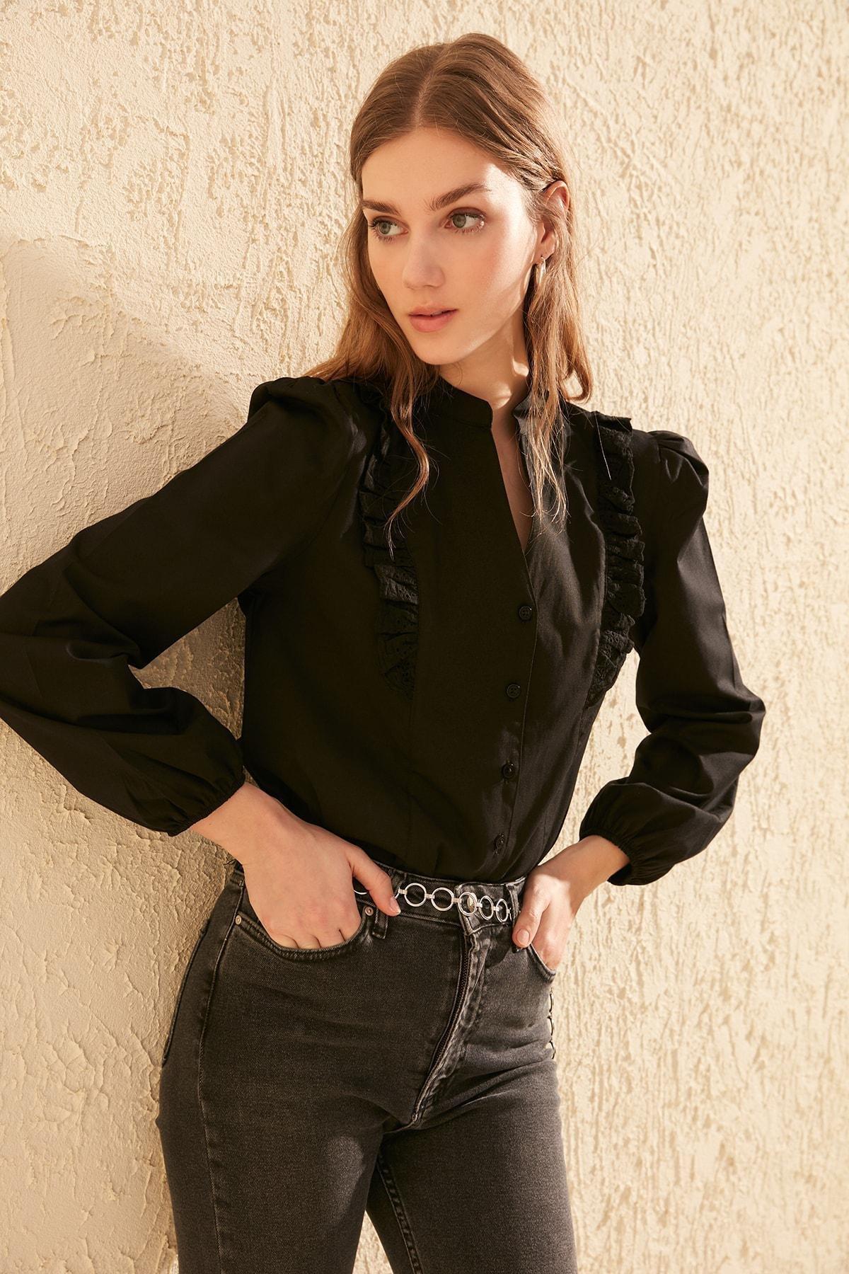 قميص بقصة عادية وياقة ماندرين، أسود, Black, large image number 7